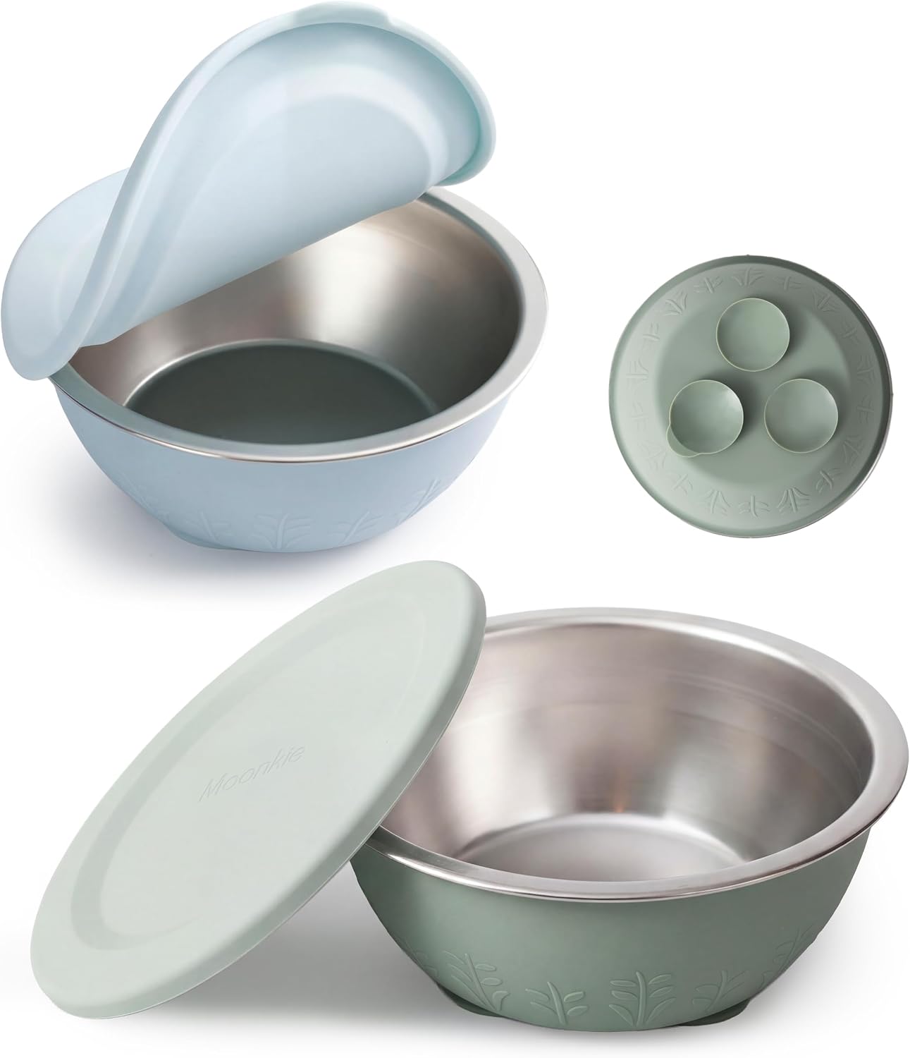 Moonkie Baby-Schalen aus Edelstahl mit Silikondeckeln – 2er-Set (Pastellblau/Salbeigrün), BPA-frei, spülmaschinenfest, 13 oz