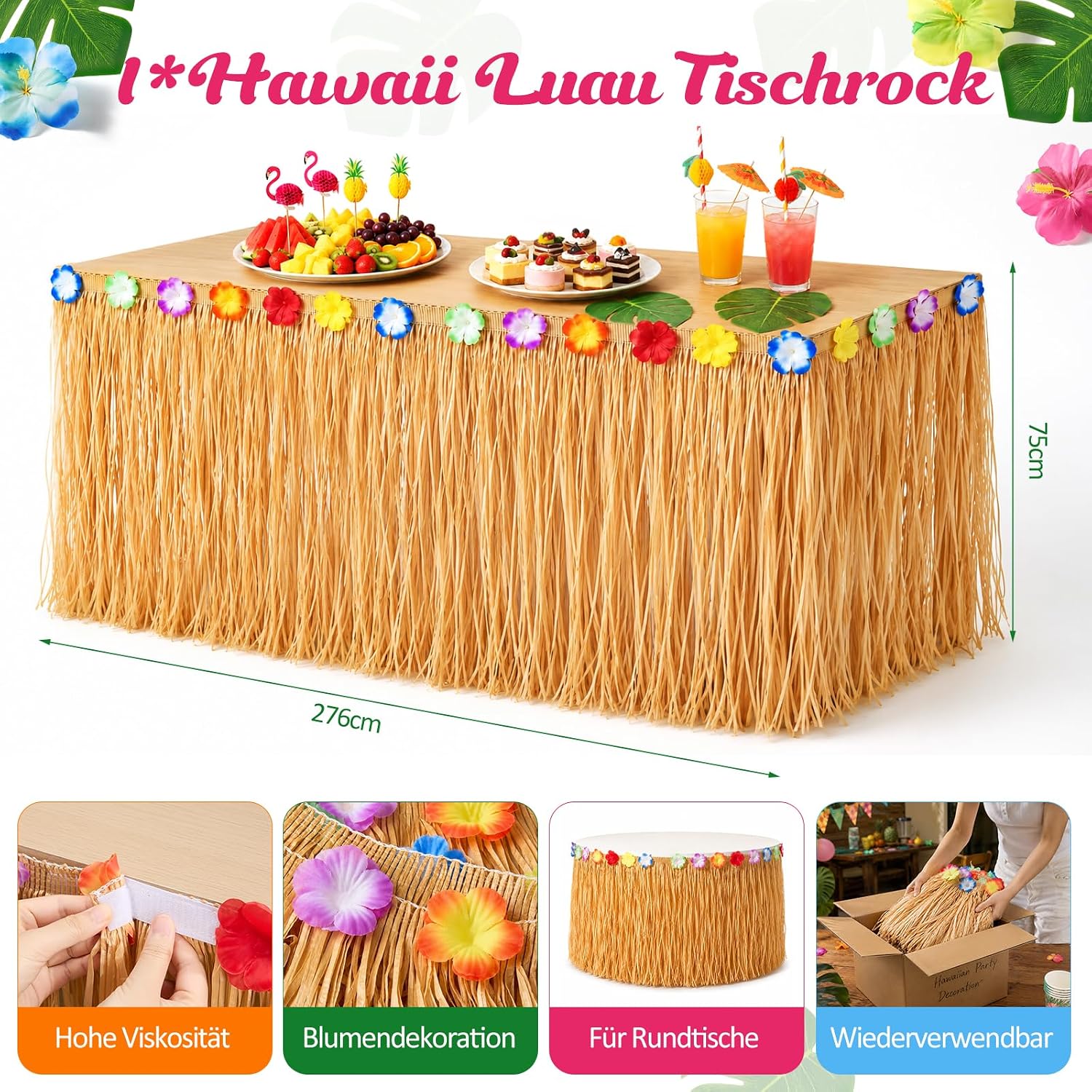 Detalle de URBZUE Hawaii Party Dekoration Set – 97-teiliges Tropenfest Set mit Tischrock, Girlanden, Ananas, Flamingos und mehr