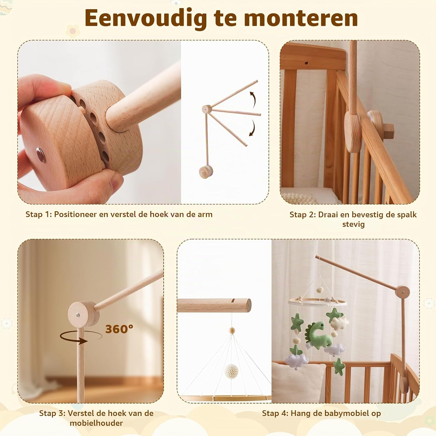 Detalle de Freyeeti houten mobielhouder, in hoogte verstelbaar en 360° draaibaar