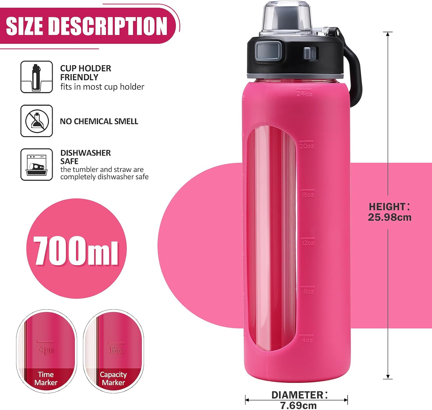 Thumbnail 4 de BLUEGO 700 ml Glas-Wasserflasche mit zwei Deckeln – BPA-frei, Rosarot