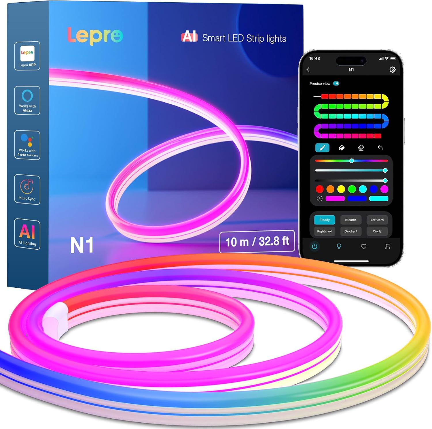 Detalle de Lepro Neon AI LED Strip 10m – RGB-Streifen mit App-, Musik- und Sprachsteuerung