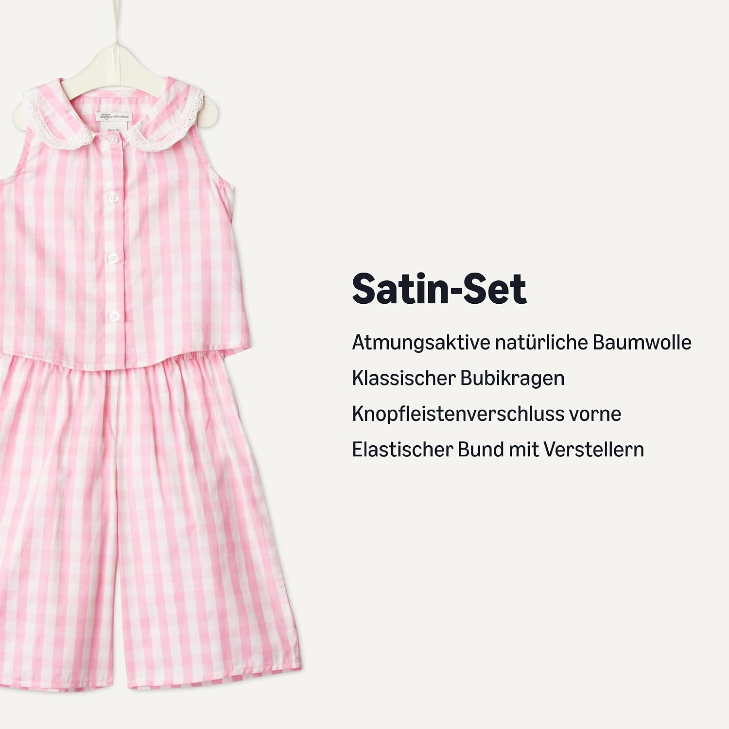 Detalle 2 de Amazon Essentials x Sofia Grainge Mädchen Spielset aus Baumwollsatin – Oberteil mit Peter-Pan-Kragen und Hose