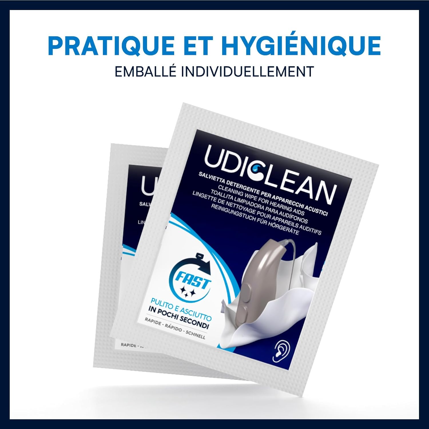 Thumbnail 3 de 200 lingettes humides biodégradables Udiclean à séchage rapide pour le nettoyage des appareils auditifs