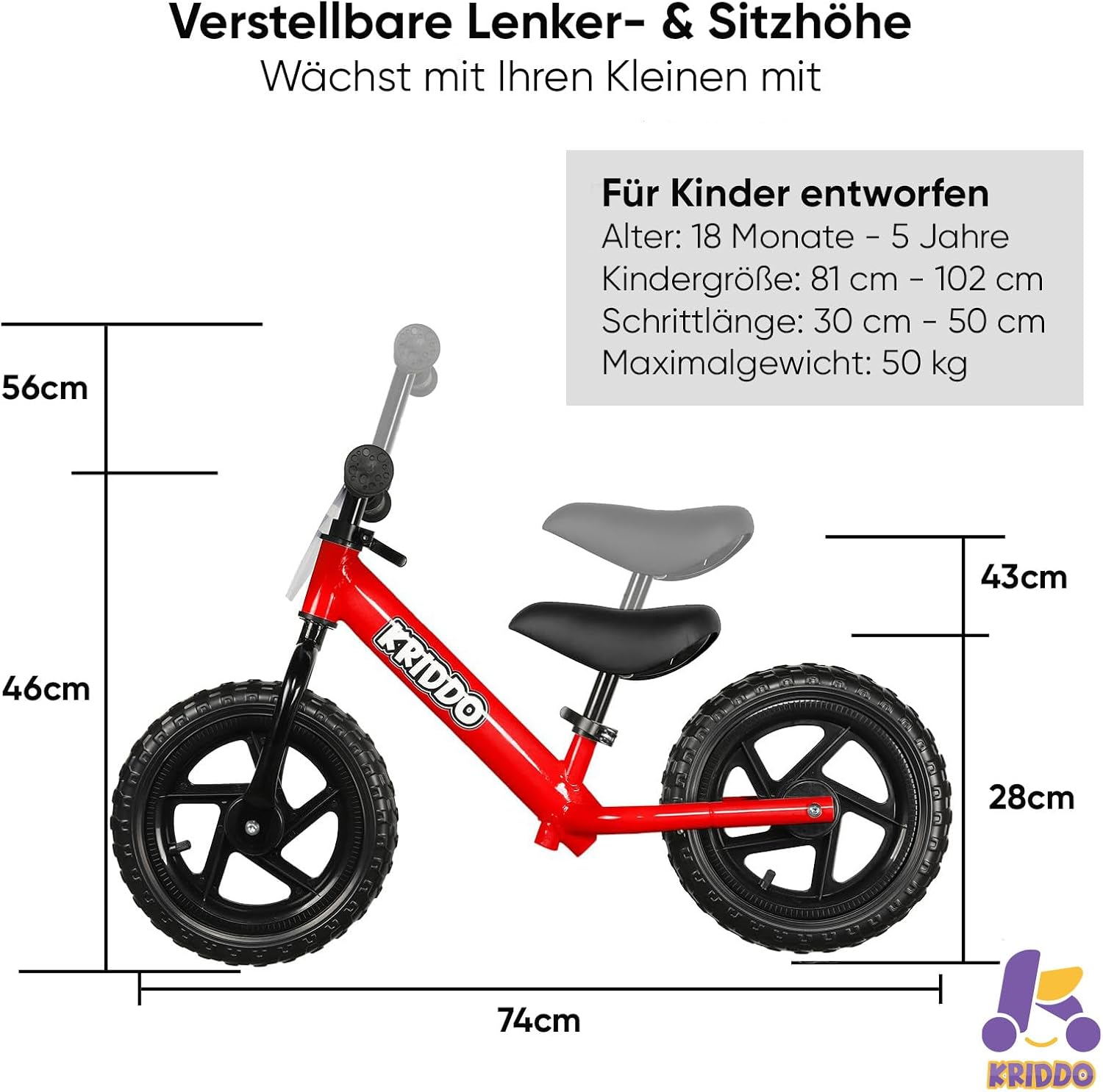 Thumbnail 4 de KRIDDO Kinder Laufrad ab 2 Jahren – Personalisiertes Laufrad mit verstellbarem Sitz und Schild