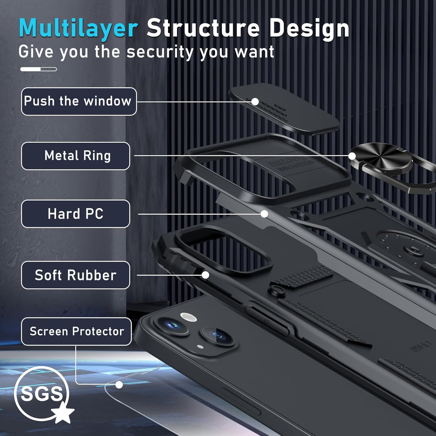 Thumbnail 3 de Janmitta Case for iPhone 14 & 13: Heavy-Duty Case with Slide Camera Lens Cover, Built-In Screen Protector, Kickstand, and Finger Ring
