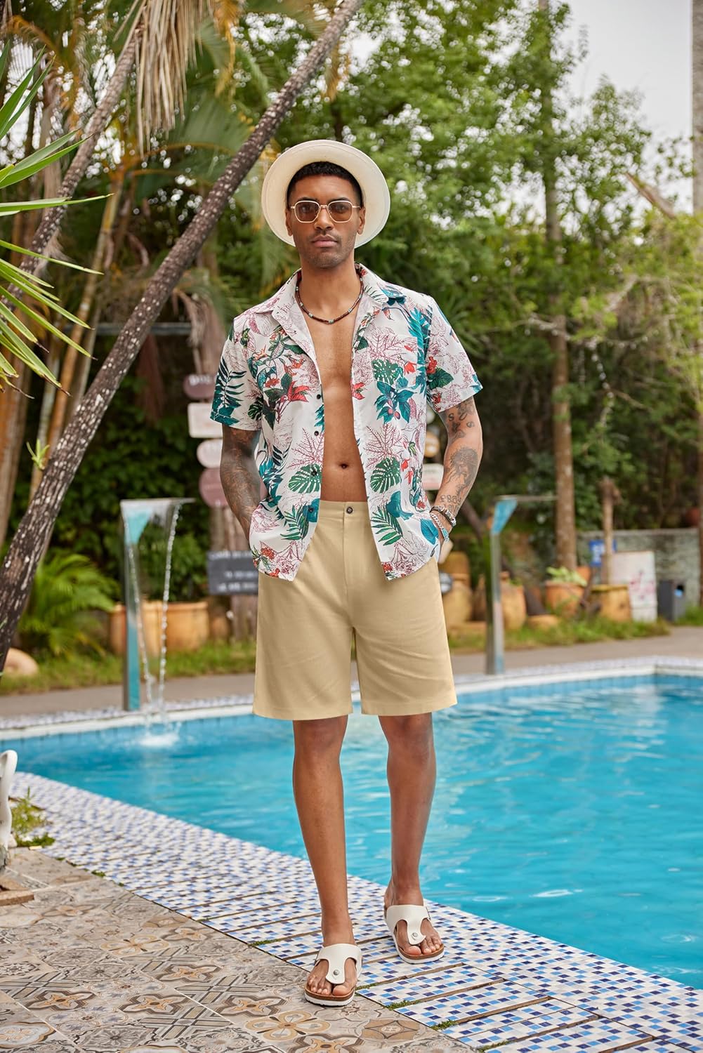 Detalle de COOFANDY Short Lin Homme Bermuda avec Zip – design éco-confort pour l’été