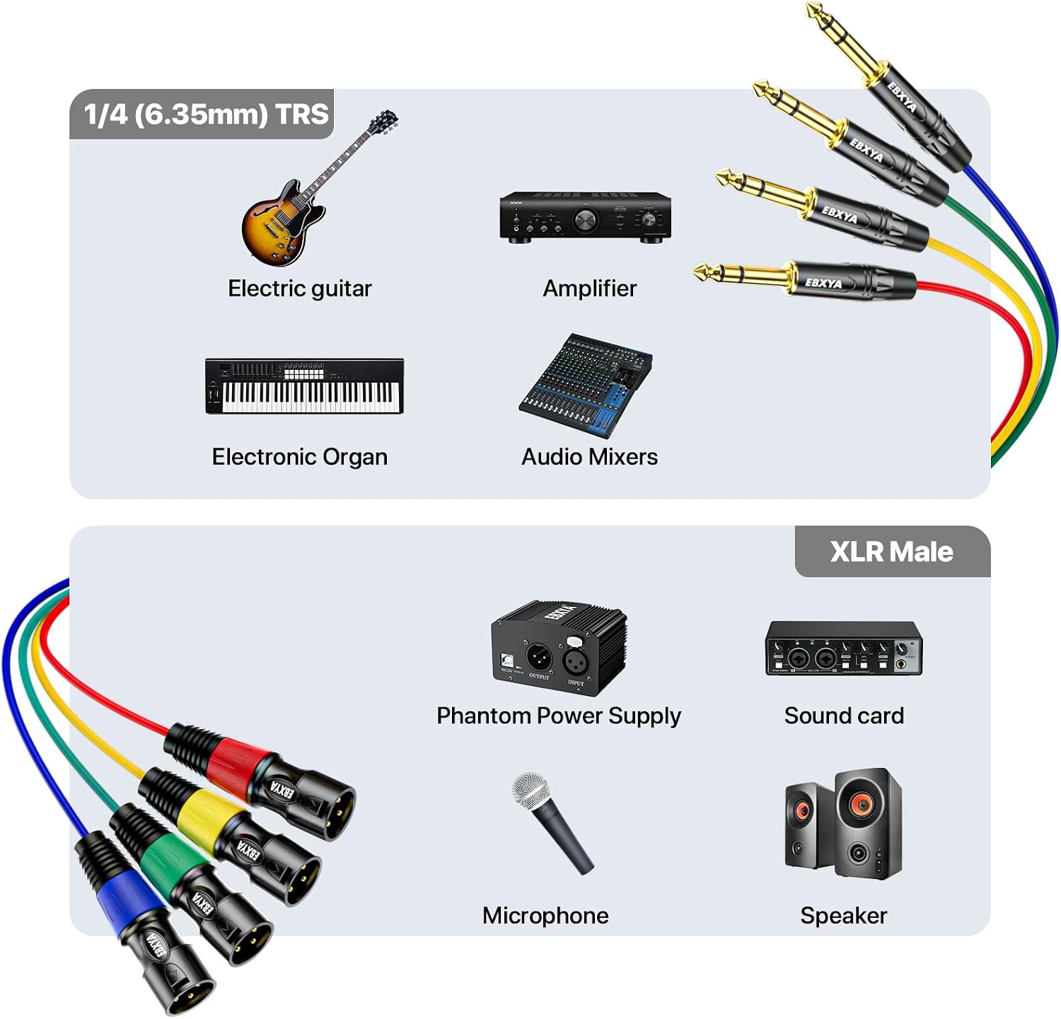 Detalle de EBXYA 4-Channel XLR Male to 1/4-Inch TRS Snake Cable, 3 Feet