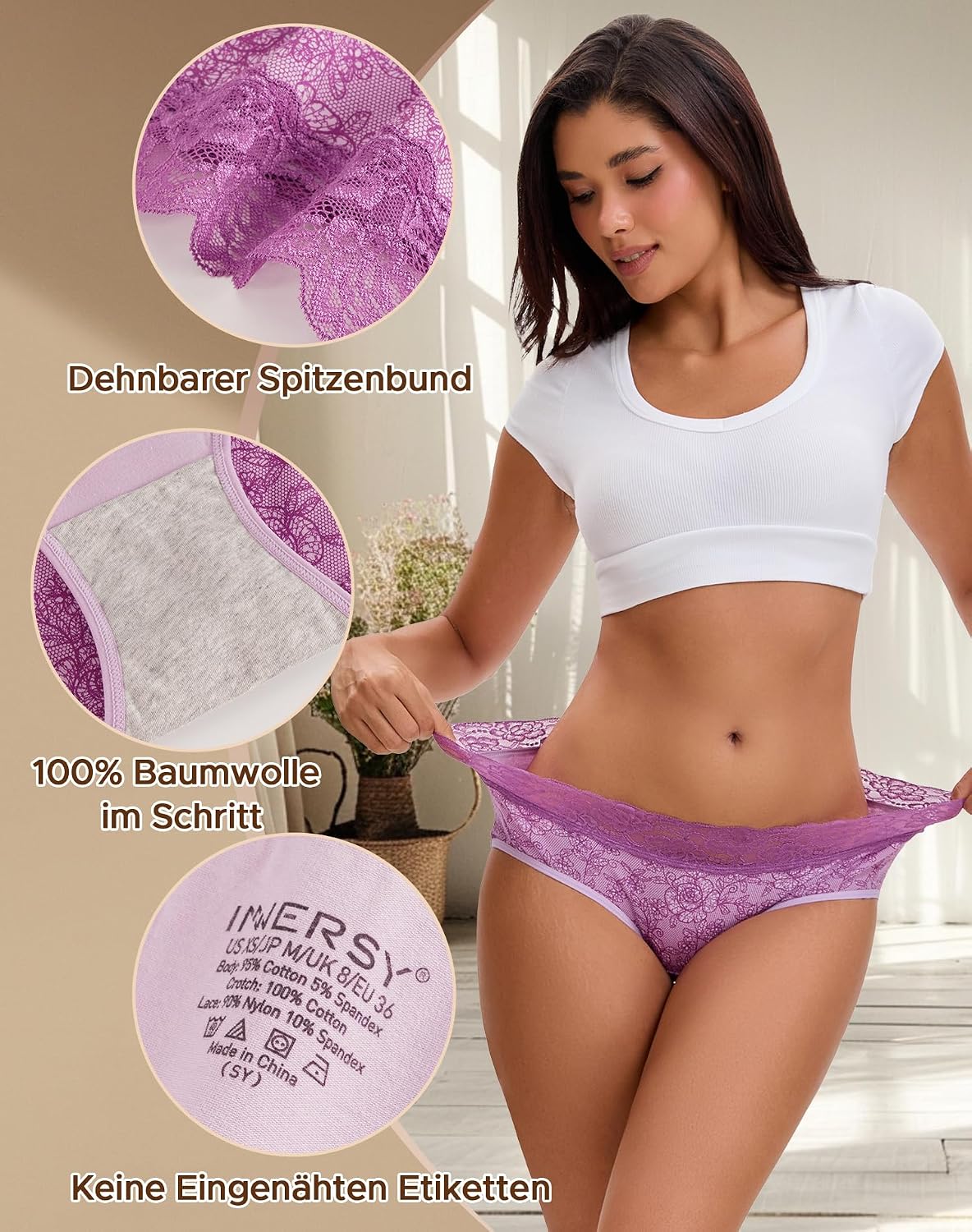 Detalle 2 de INNERSY Damen Slips aus Baumwolle mit Spitze – bequeme Hipster-Unterwäsche im 6er-Mehrpack
