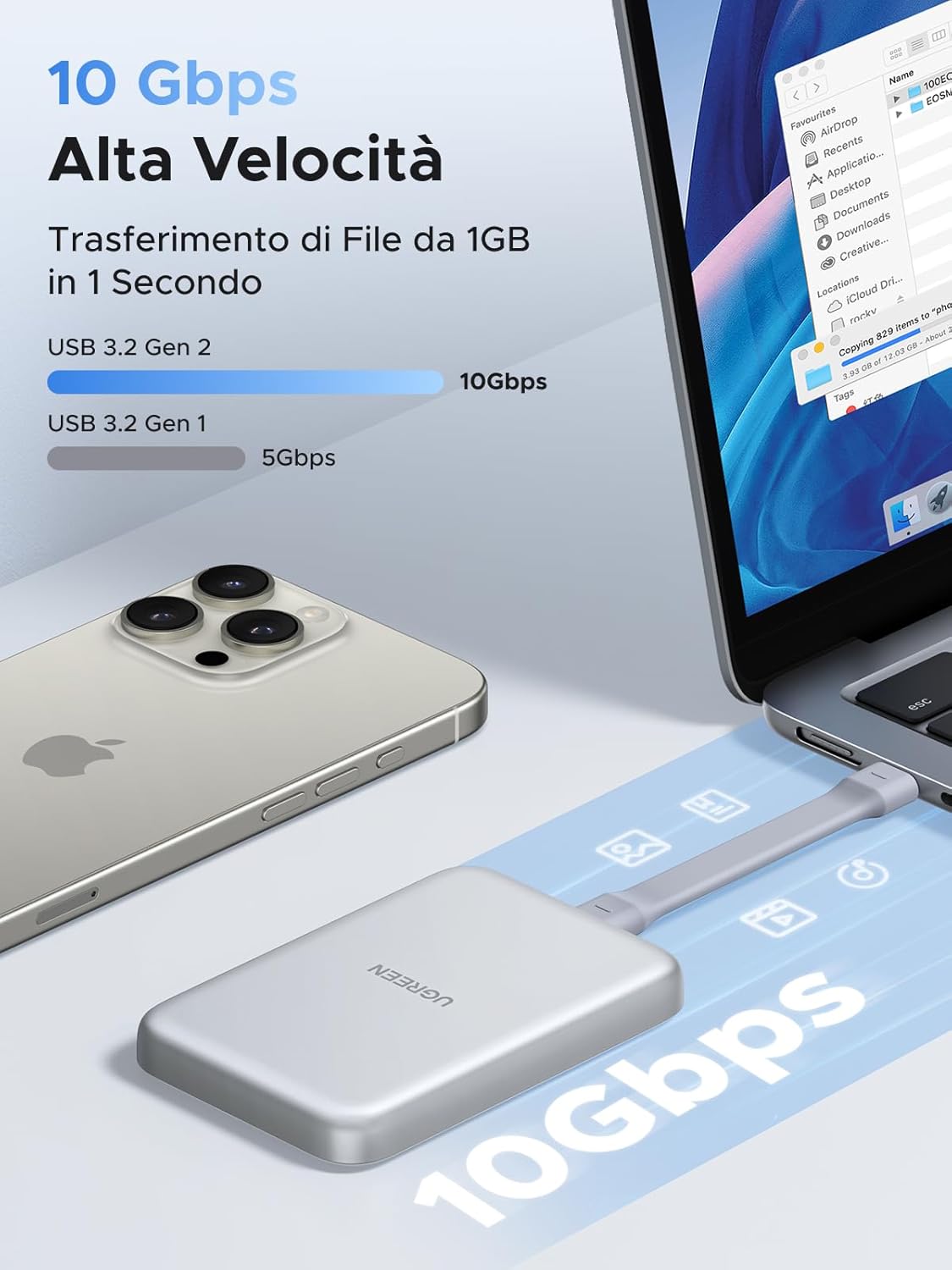 Detalle de UGREEN Case Esterno Magnetico per SSD M.2 NVMe (USB-C 3.2 Gen 2x1, fino a 10Gbps) per iPhone 16/15