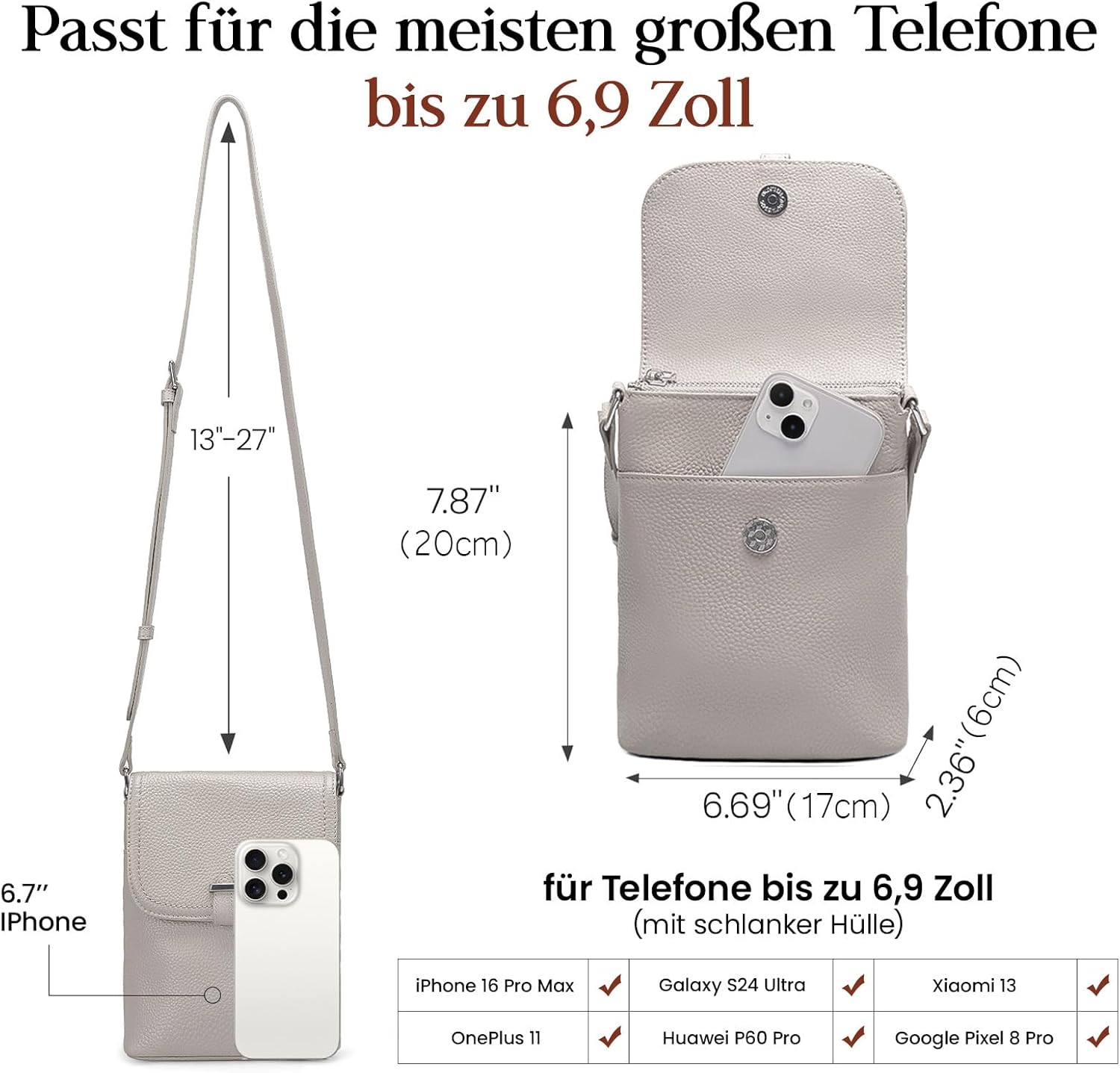 Detalle 2 de befen Echtleder Handytasche zum Umhängen – Damen RFID-Blockierung, Crossbody mit Geldbörse