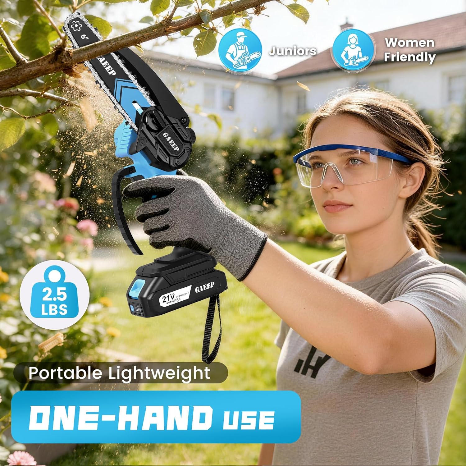 Detalle de GAEEP Mini Cordless Chainsaw 6 Inch with 2x3000mAh Batteries & Charger (800W)