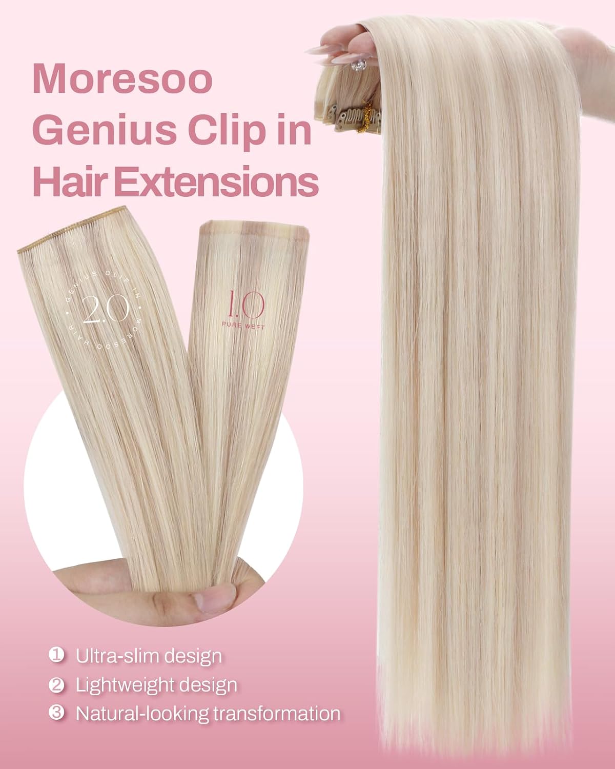 Detalle de Moresoo Ash Blonde Seamless Clip-In Hair Extensions (18in, 7Pcs, 120G) – Remy Human Hair with PU Skin Clip-in Design