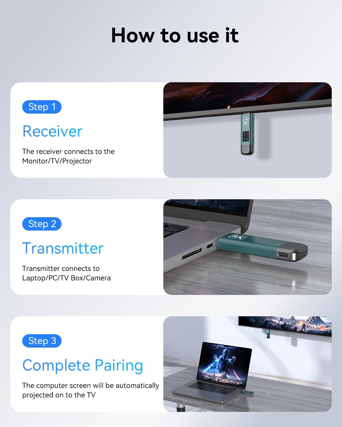 Thumbnail 6 de OMITTA Wireless HDMI Transmitter and Receiver (Upgraded 4K Wireless Extender) — 100FT Range, Dual-Band 2.4G/5G, LED Signal Display