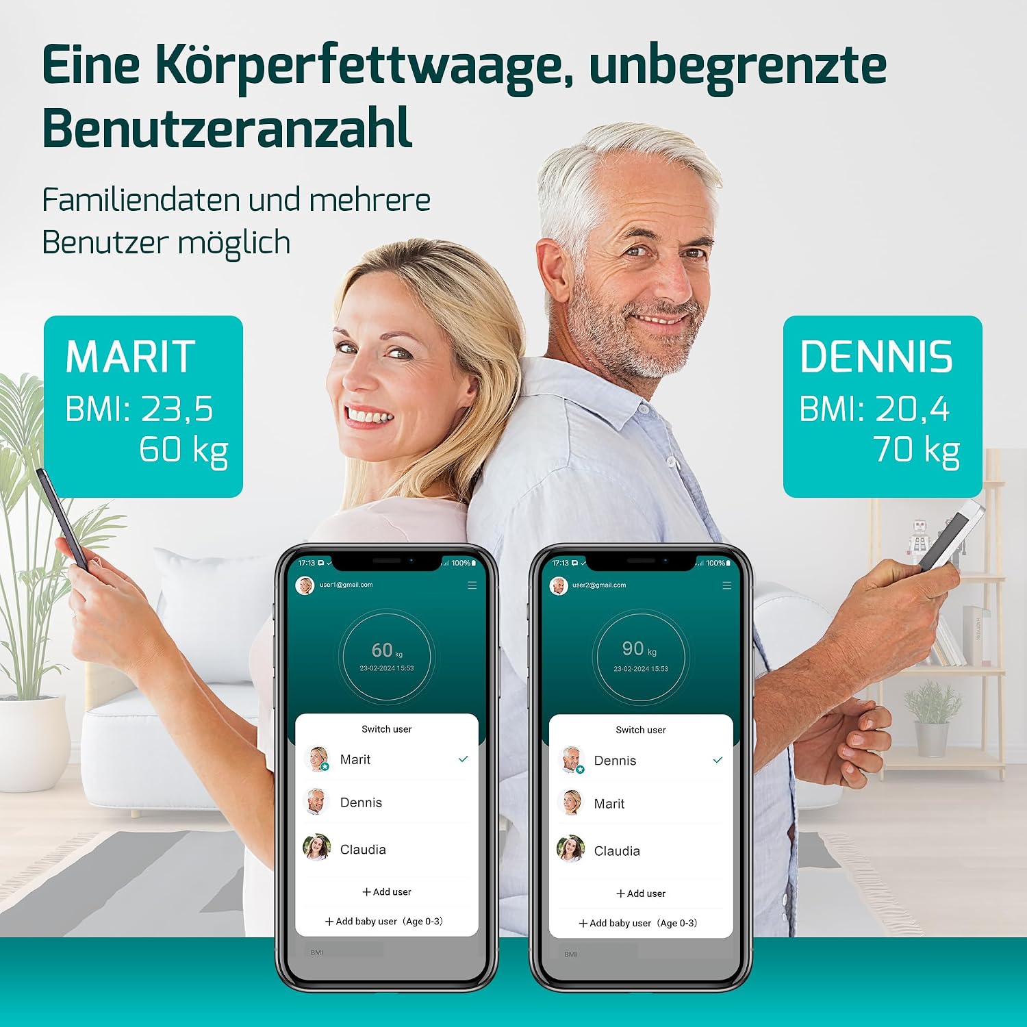 Thumbnail 2 de Digitale Personenwaage „Testsieger 2025“ – Körperanalysewaage bis 225 kg mit App & 17 Messwerten (Schwarz)