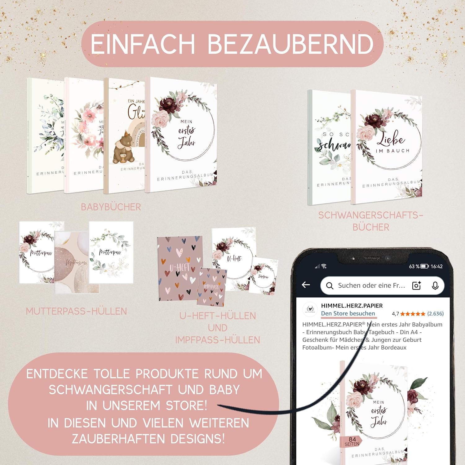 Thumbnail 4 de HIMMEL.HERZ.PAPIER Mein erstes Jahr Babyalbum – A4 Erinnerungsbuch mit 84 Seiten (Hardcover) in Rosa