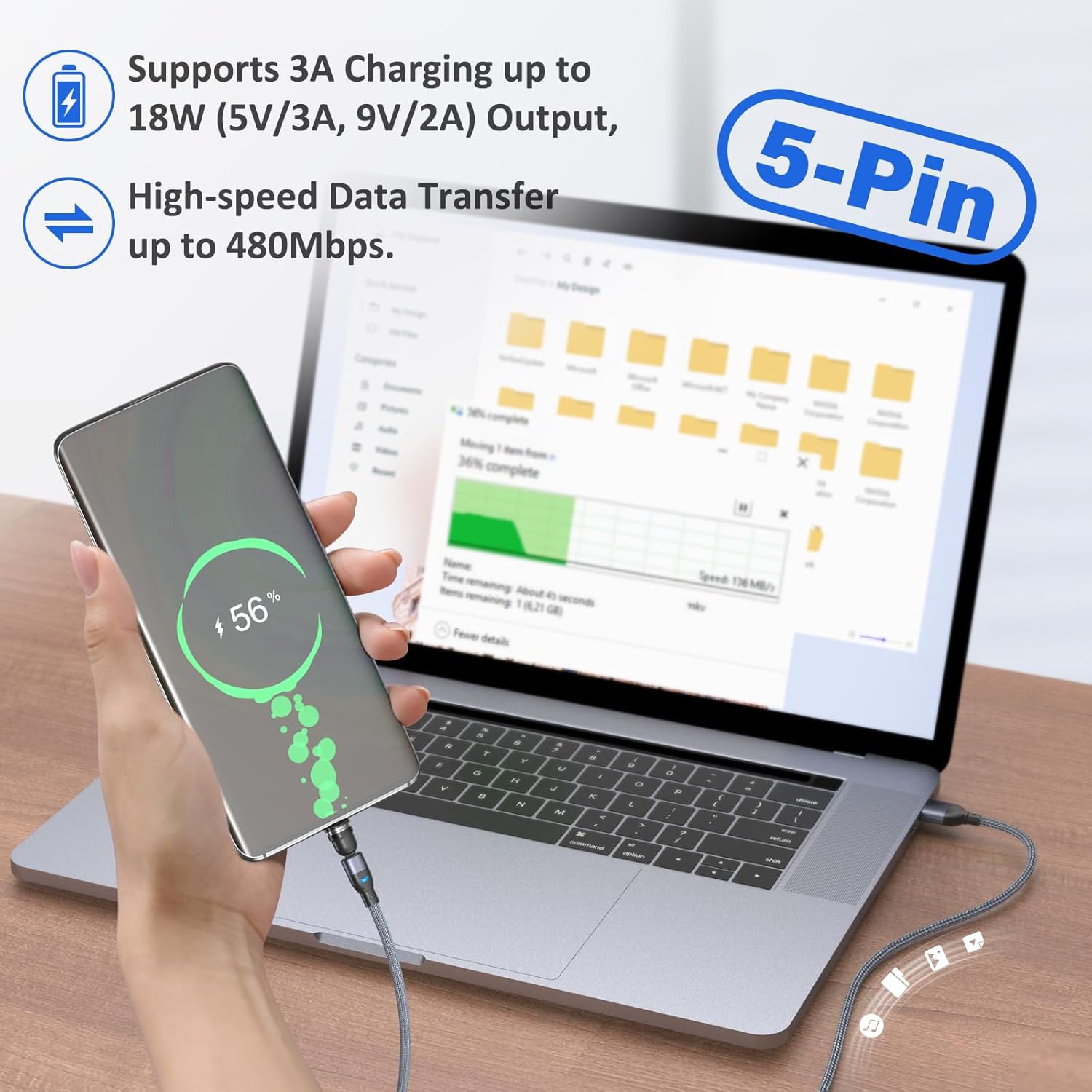 Thumbnail 5 de TUNKIA 5Pin Magnet Ladekabel – 3‑in‑1 magnetisches USB‑Kabel (4 Stück, 0,5–3 m) mit 360°/180° drehbarem Kopf