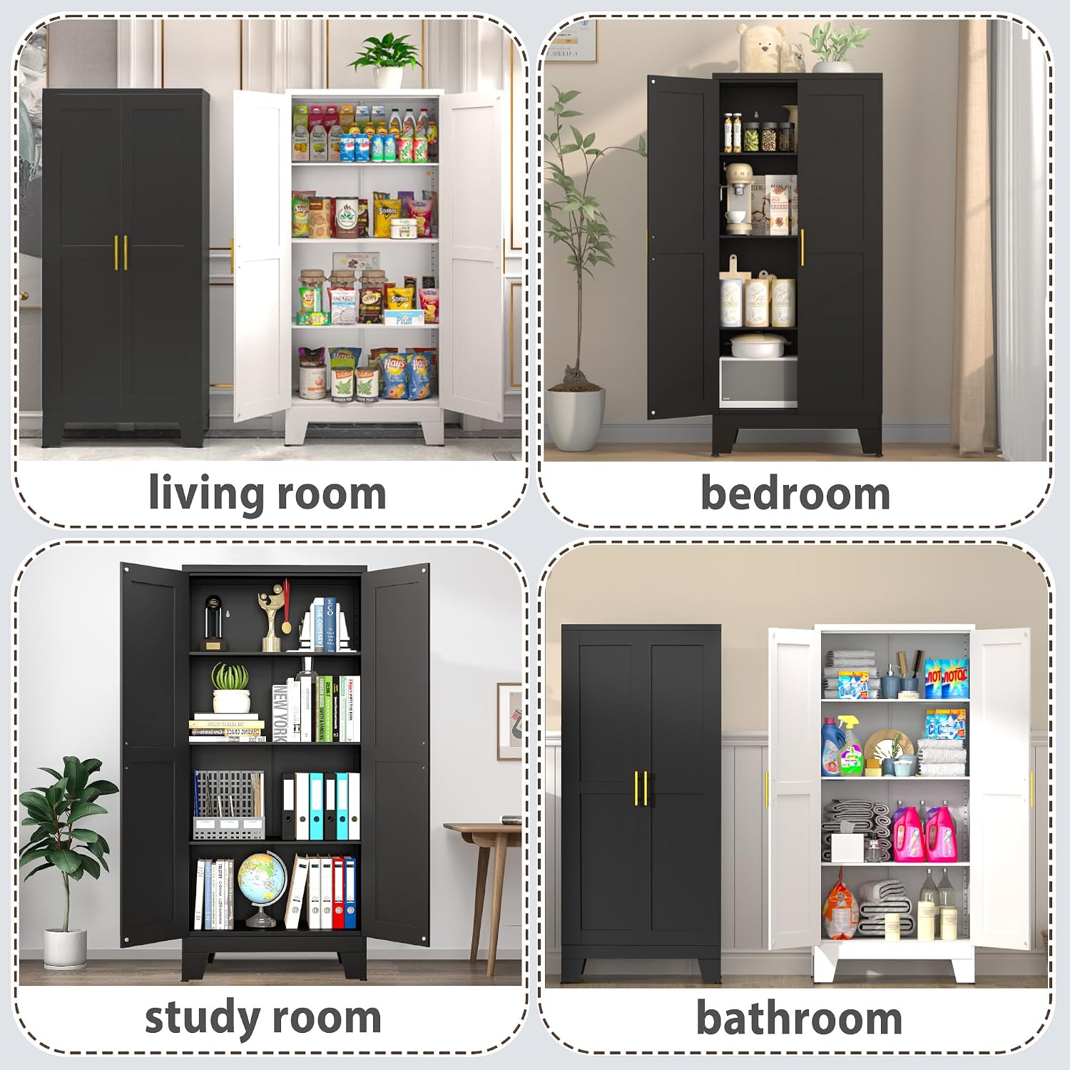 Detalle de GAIOUS 2D-Black Kitchen Pantry Cabinet, Black Metal with Adjustable Shelves