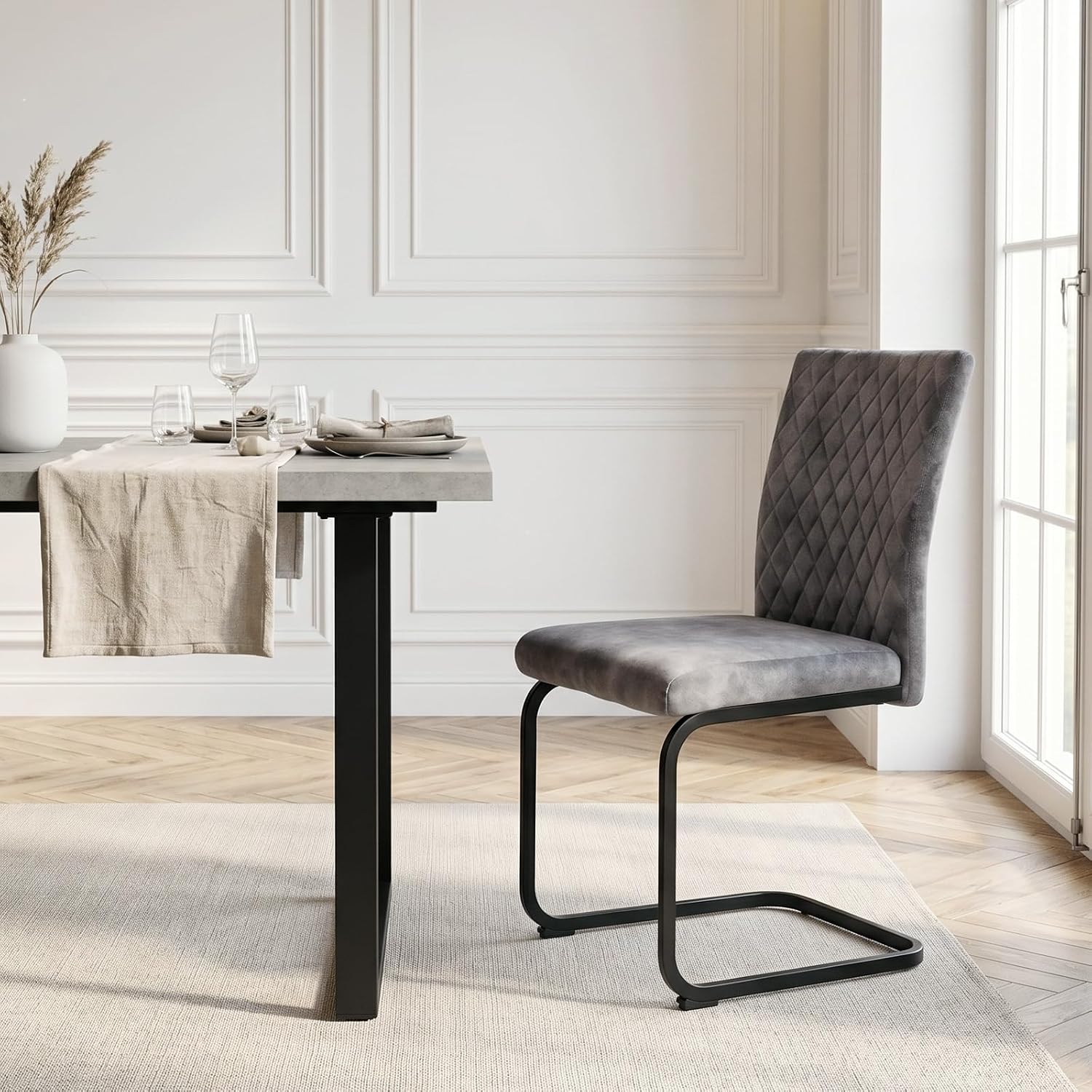 Detalle de JIEXI set van 6 eetkamerstoelen in grijze stof met hoge rugleuning en dik kussen