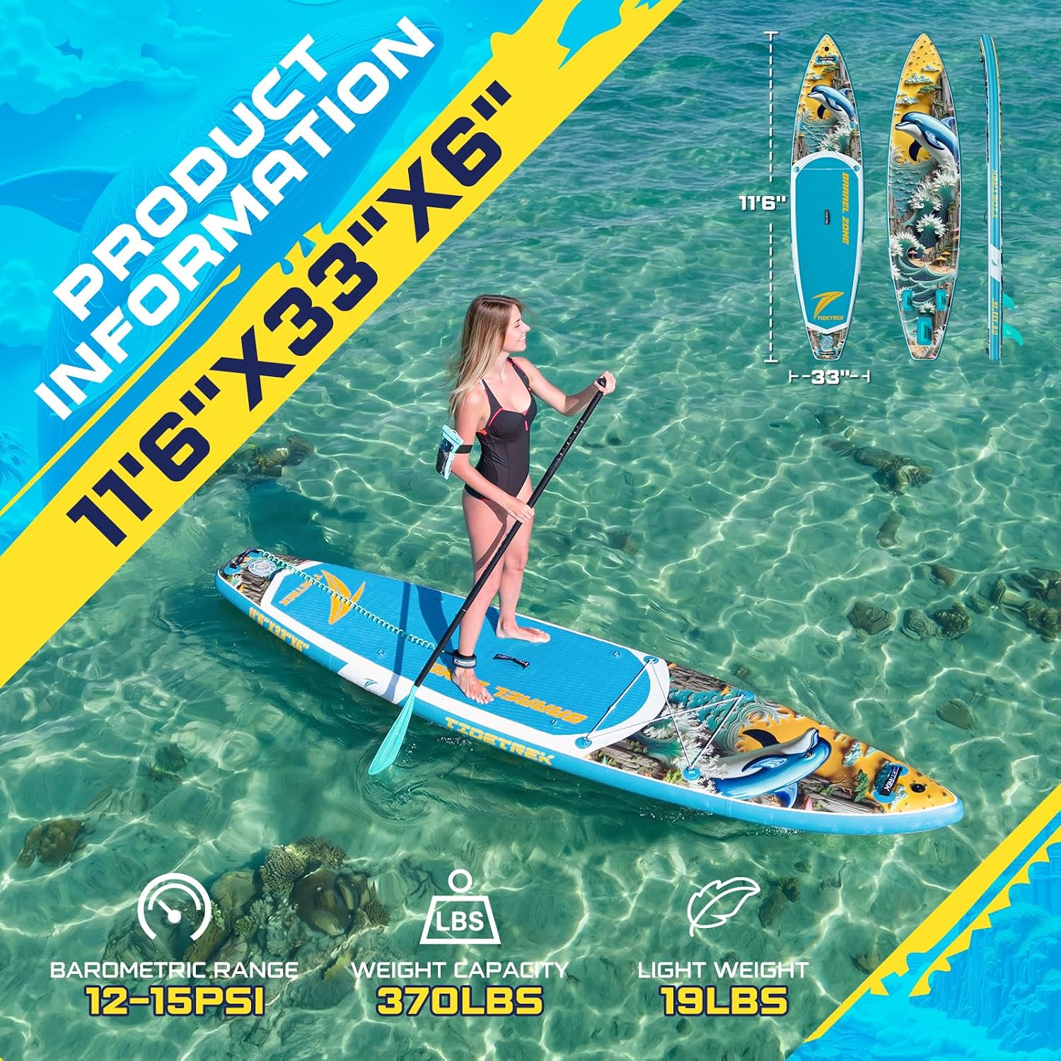 Detalle de TIDETREK 11' Inflatable Stand Up Paddle Board (SUP) — Extra-Wide, All-in-One Package