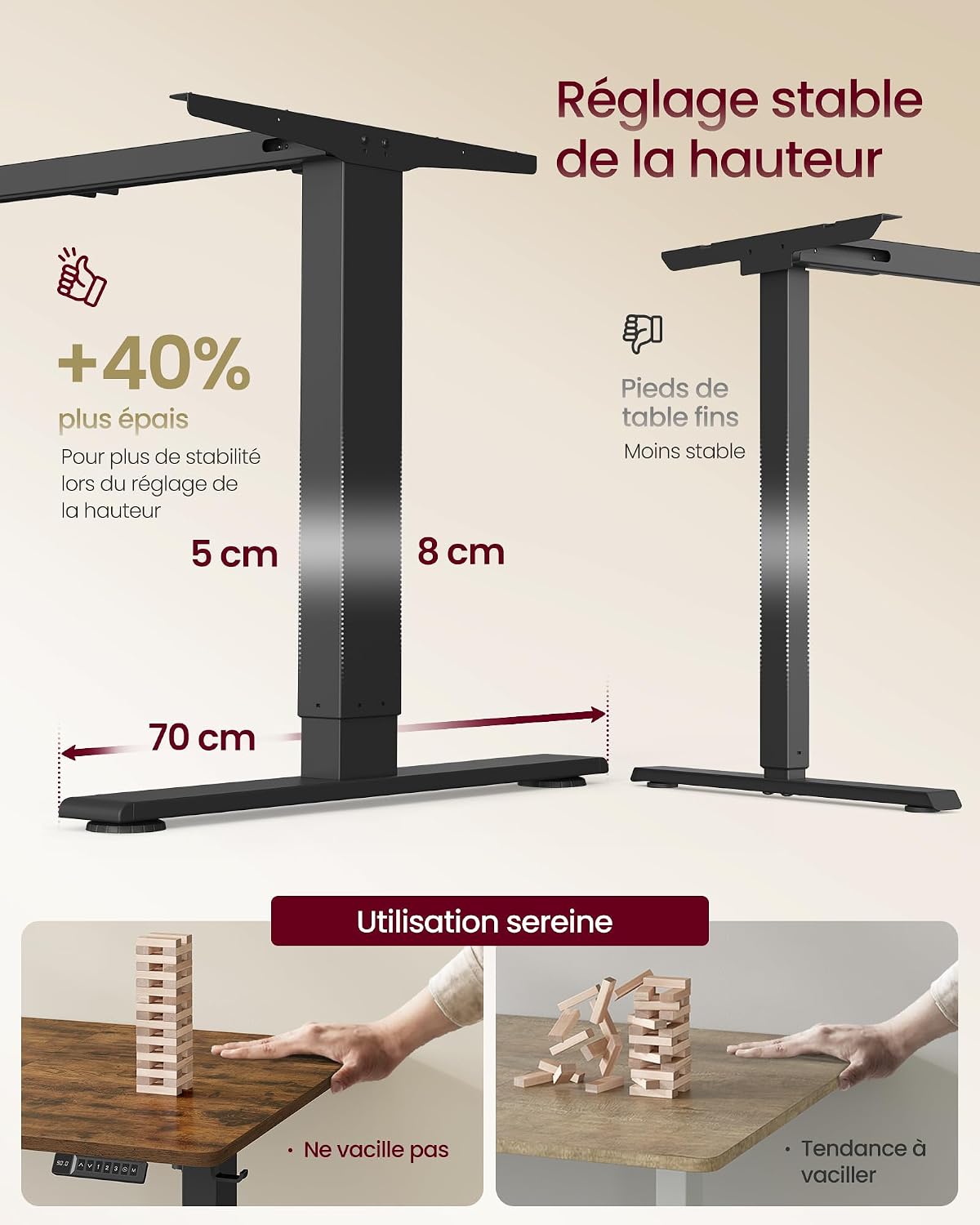 Detalle de VASAGLE Bureau électrique réglable en hauteur 140 x 80 cm avec port USB-C (LSD144KD02) — marron rustique