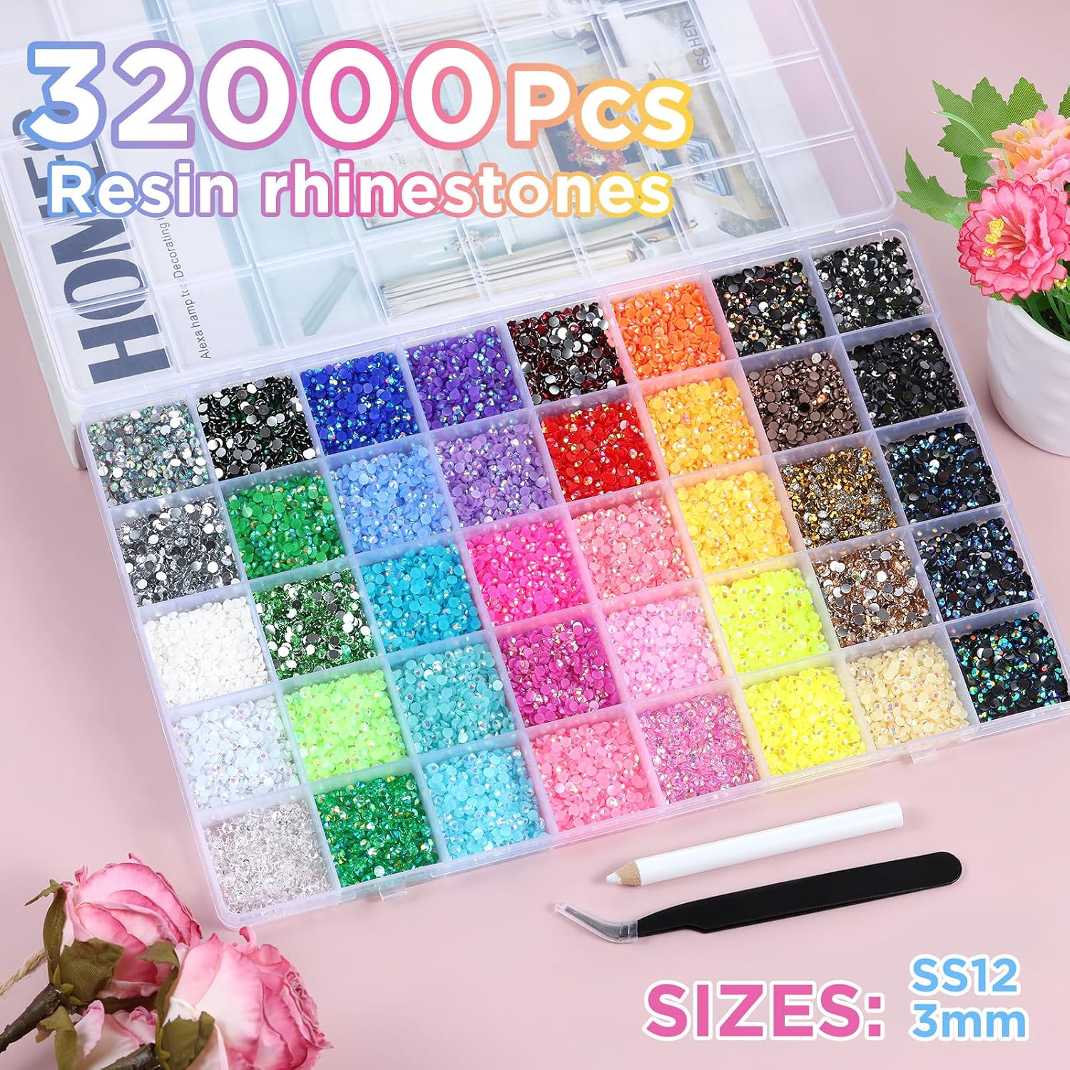 Detalle 2 de Zefy 40 Farben 3mm Jelly Strasssteine – 32.000 Stück Bedazzler-Set mit Pinzette und Wachsstift