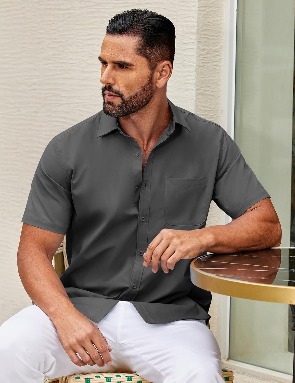 Detalle de COOFANDY Men's Short Sleeve Button-Down Shirt with Pocket, Untucked Summer Style
