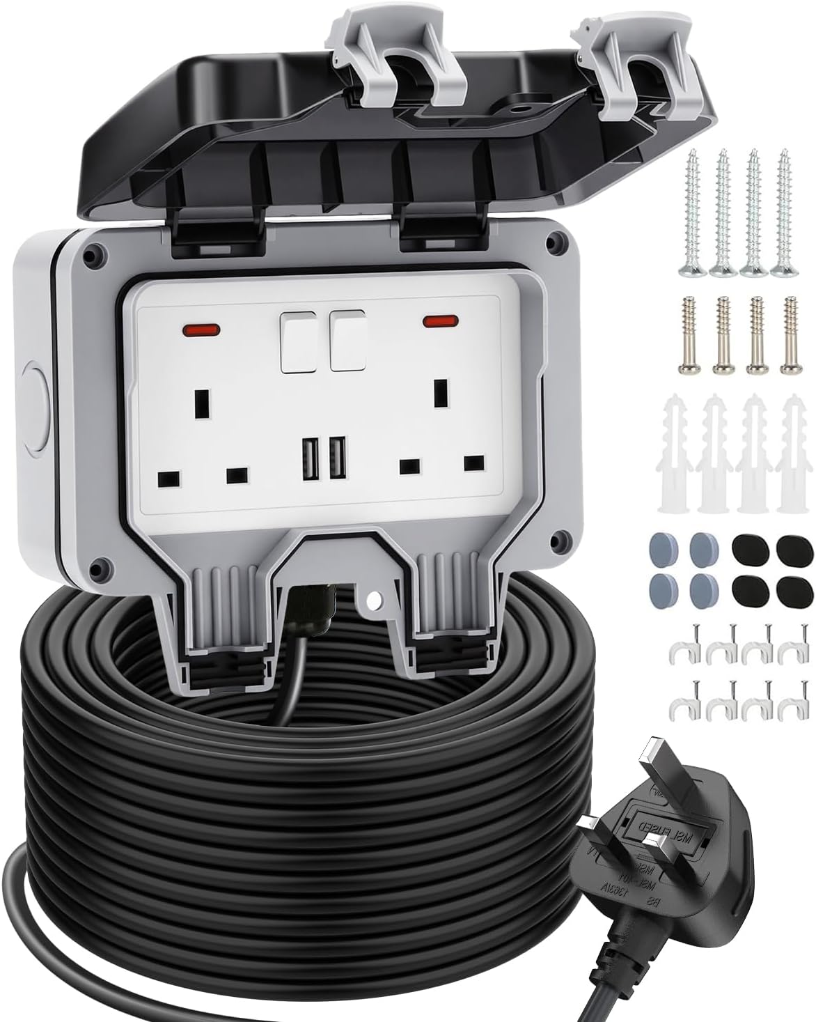 Outdoor Plug Sockets Waterproof 15m Extension Lead with 2 USB Ports (IP66, wall-mounted with switch & LED)