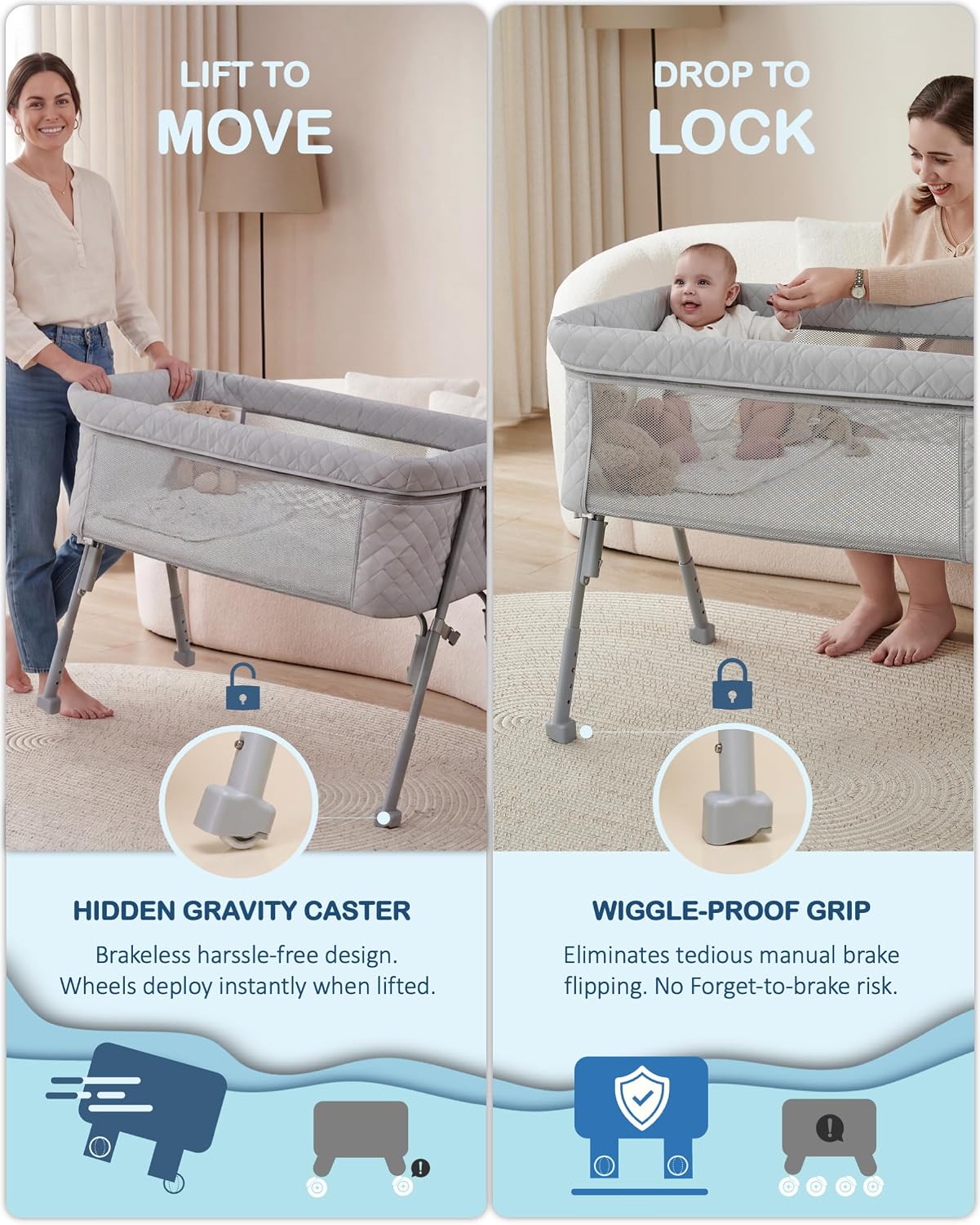 Detalle de BEKA 2-in-1 Bassinet Bedside Sleeper with Adjustable Height and Mesh Sides