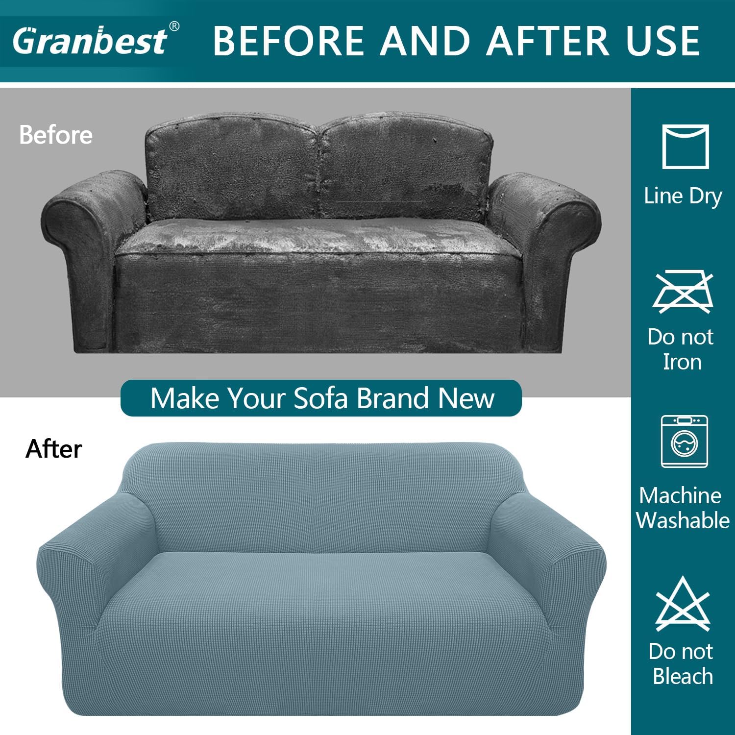 Thumbnail 4 de Granbest High Stretch 3 Seater Sofa Cover – Light Blue, Non-Slip, 85% Polyester 15% Spandex