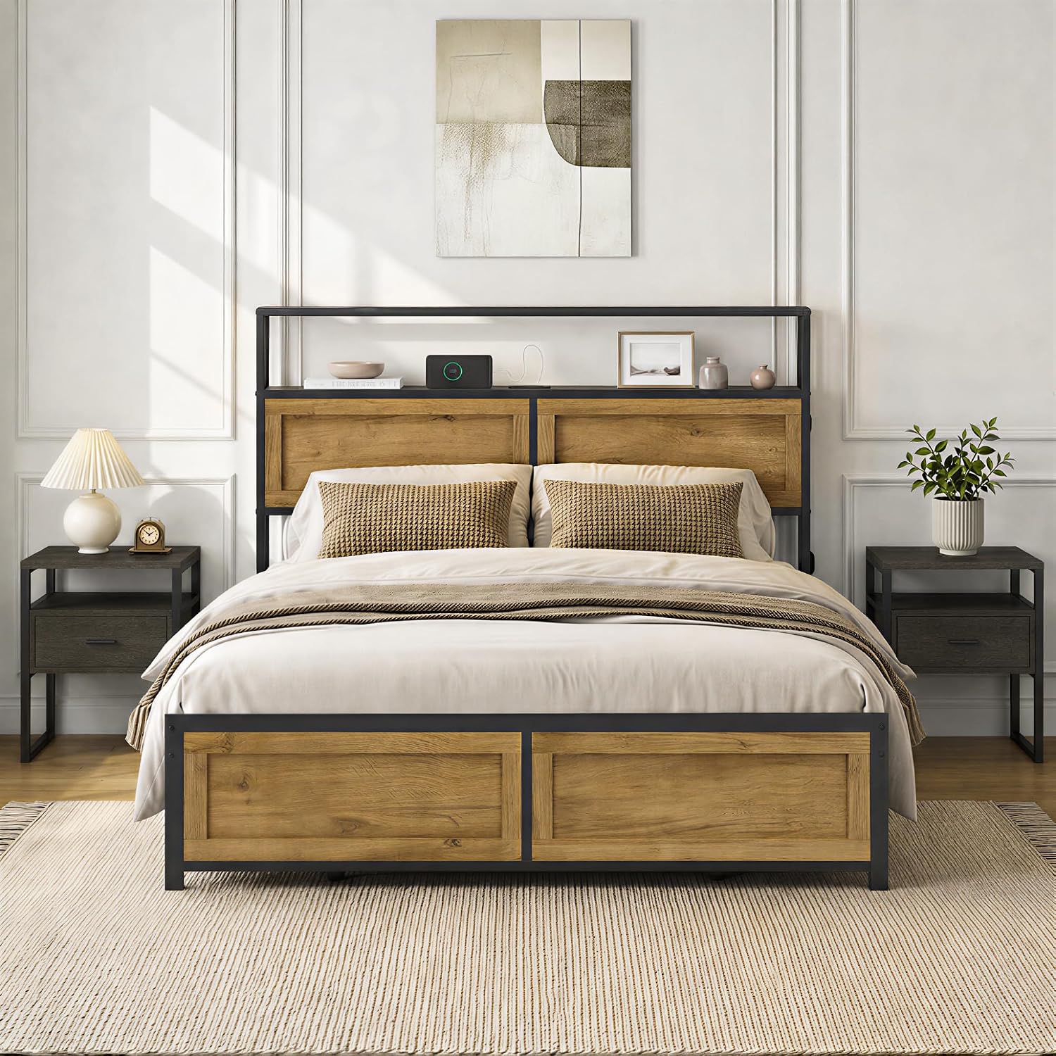 Detalle 2 de KISLOT K-KJW.TNS003 Nightstand Set of 2 with Drawer, Open Shelf, Gray