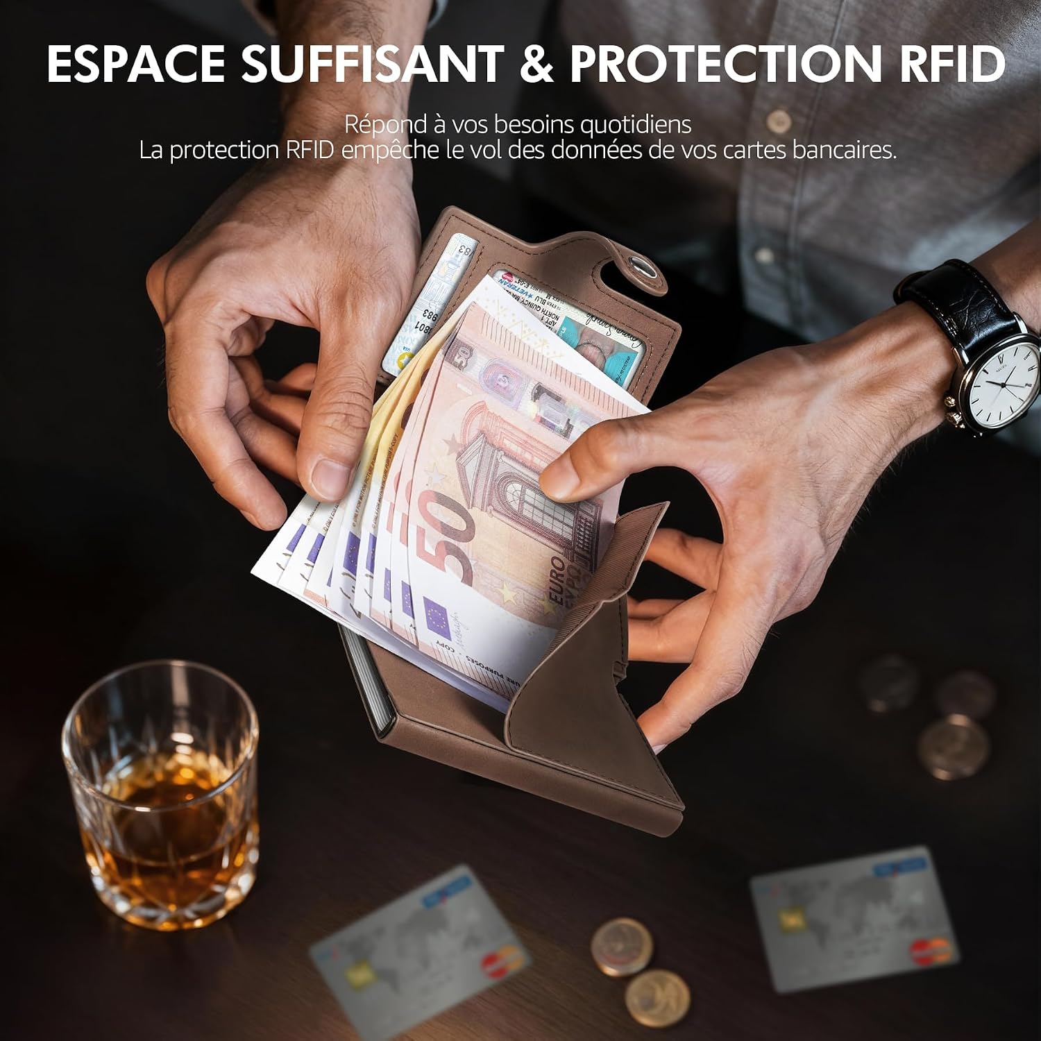 Detalle de TENBST Portefeuille en Cuir pour Homme avec Blocage RFID – 8 Porte‑Carte, Compartiment à Billets et Poche à Monnaie