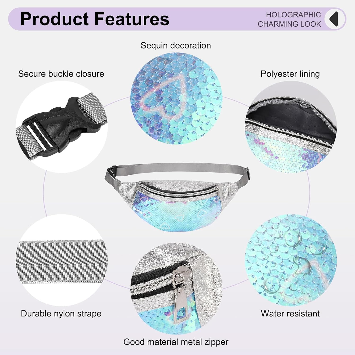 Detalle de DTGN Sequined Fanny Pack for Women: Shiny Green Heart, Adjustable Belt, Water Resistant Waist Bag