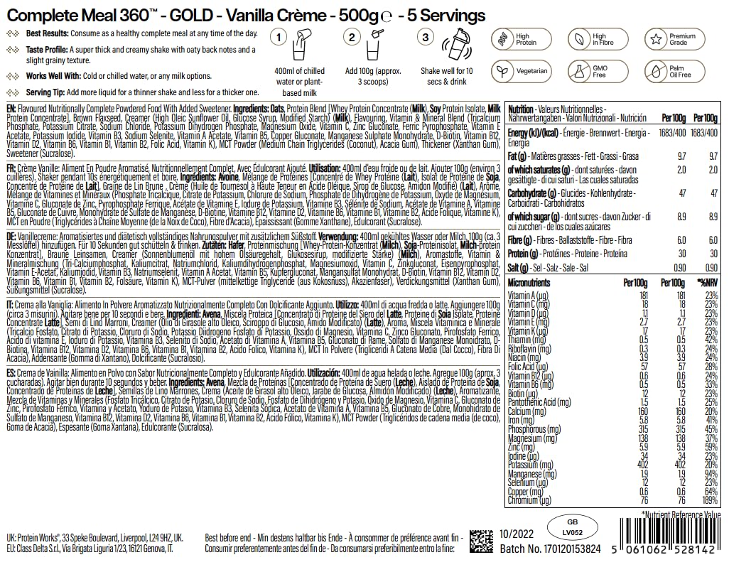 Thumbnail 1 de Protein Works Complete Meal 360 GOLD Innovation – Mahlzeitenersatz Shake mit 30 g Protein, Vanillecreme, 500 g