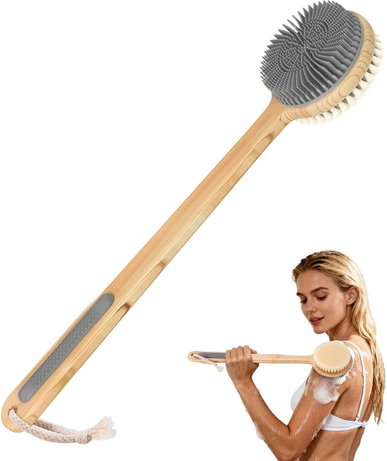 Thumbnail 6 de Back Scrubber for Shower: Double-Sided Silicone & Dense Nylon Bristles with Bamboo Handle