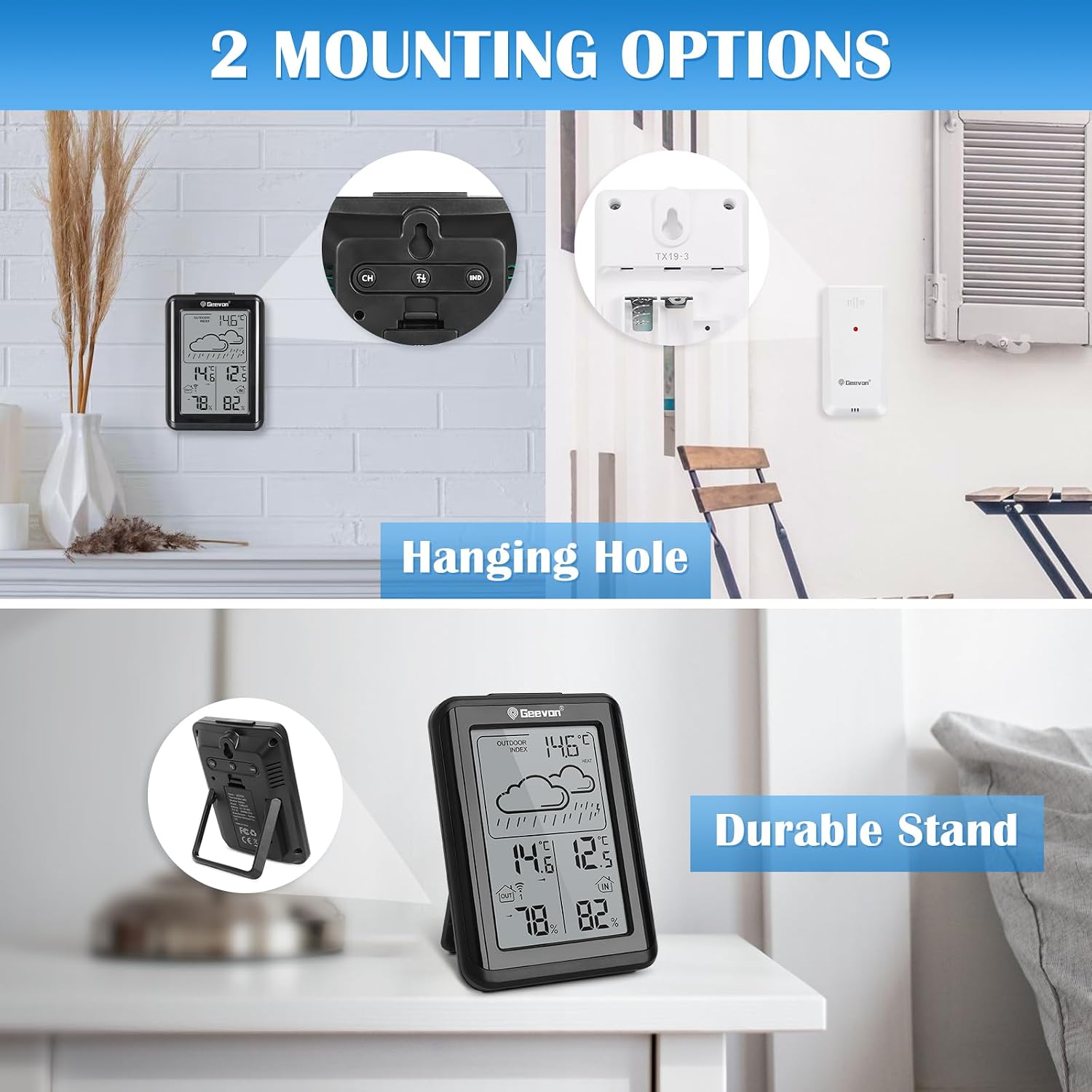 Thumbnail 5 de Geevon Indoor Outdoor Thermometer Hygrometer with 3 Sensors – 200ft Range, Mould Alerts, HD Display (No App)