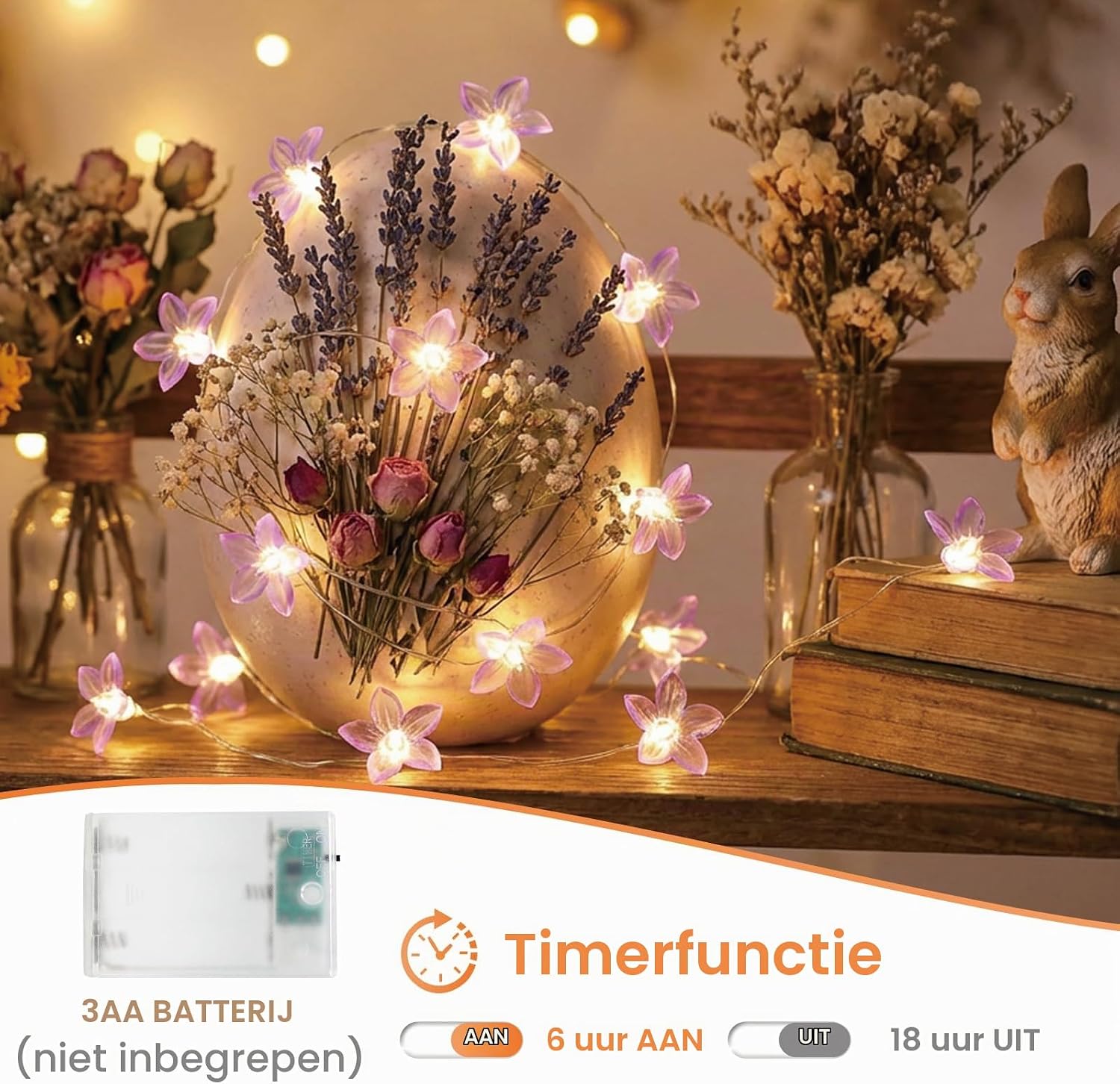 Detalle 2 de Afaiup ZY-2AAB-20L LED-lichtsnoer met lila lelies, 2 m en 20 warmwitte leds