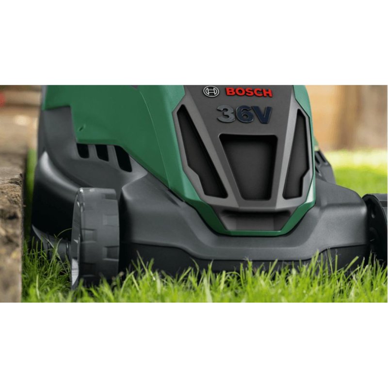Detalle de Bosch AdvancedRotak 36V, ancho de corte 40 cm, batería de 36V/4Ah