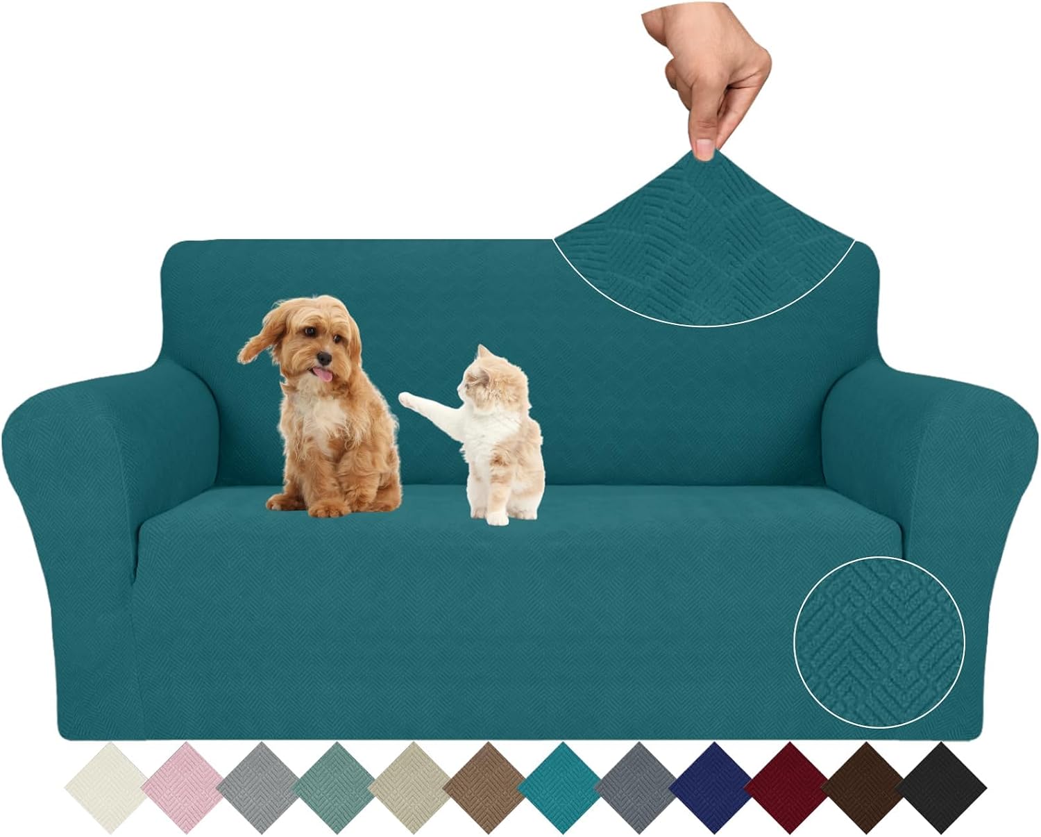 Detalle de Ystyle housse de canapé extensible 2 places universelle avec accoudoirs, motif géométrique vert foncé