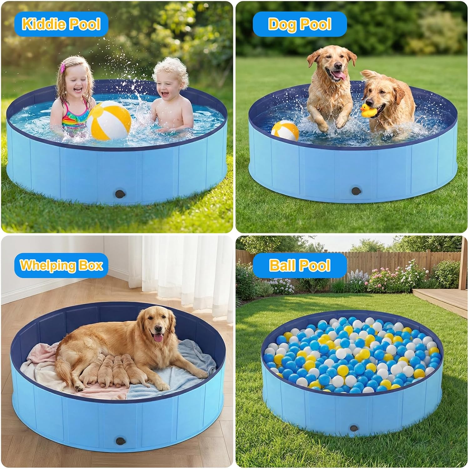 Thumbnail 4 de Hundepool faltbar Ø160 cm, Höhe 30 cm – kratzfeste PVC-Konstruktion mit Anti-Rutsch-Belag und Abflussstopfen (Blau)