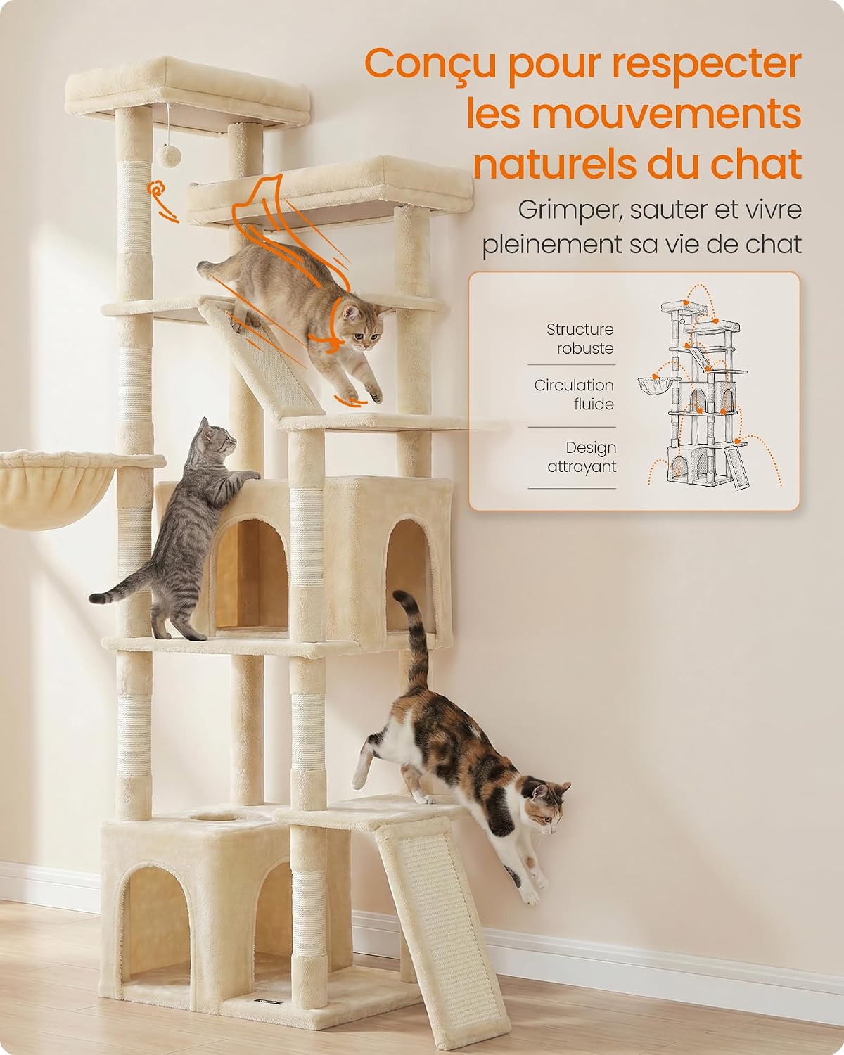 Detalle 2 de Feandrea Arbre à Chat Haut 184,5 cm — Grandité et stabilité pour chats d’intérieur