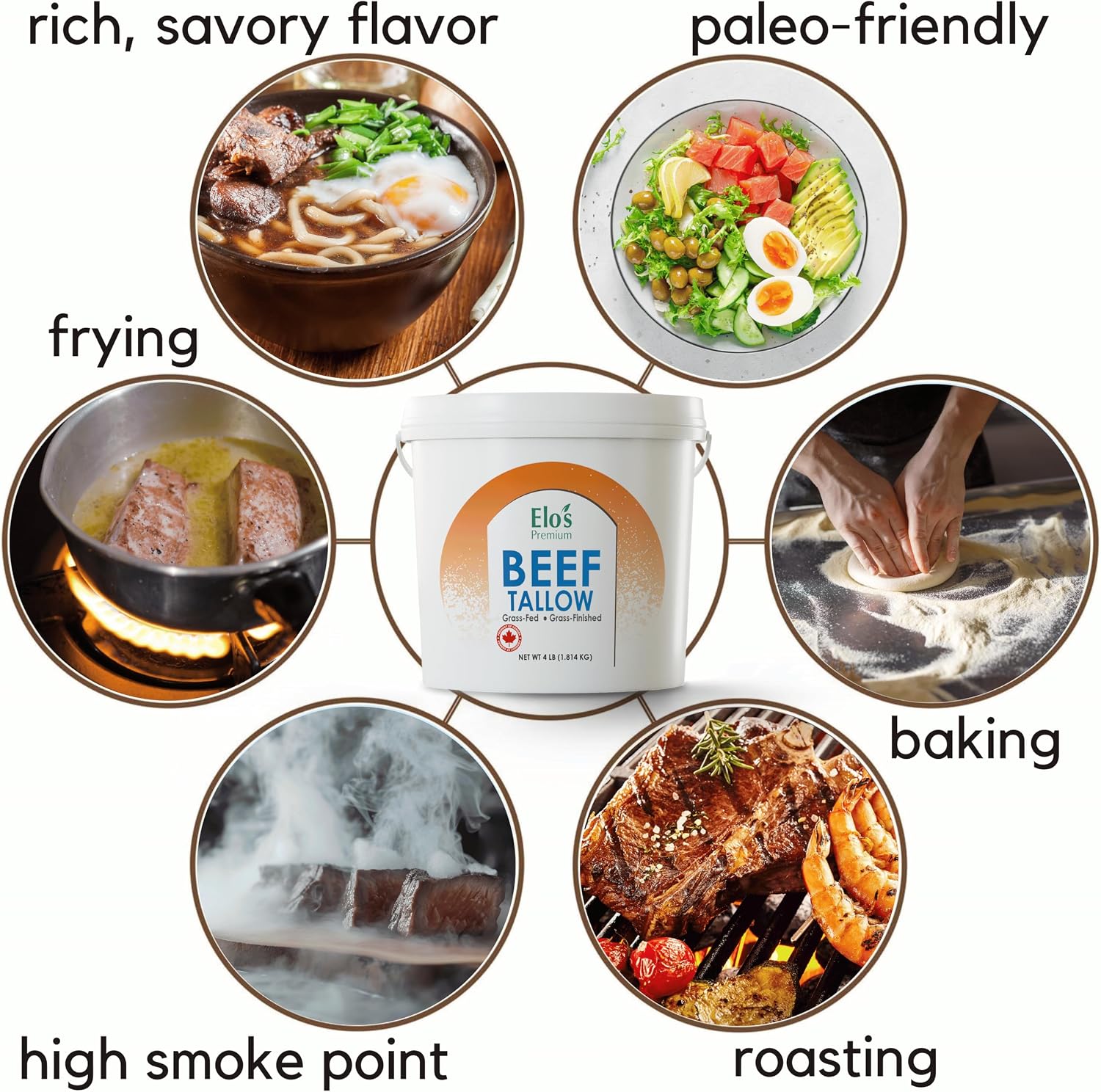 Detalle 1 de Elo's Premium Beef Tallow, 4 lb Grass-Fed Rendered Fat for Cooking