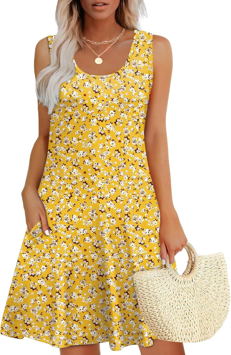 Detalle de WEESO Women's Summer Dress: Loose U-Neck Sleeveless Sundress with Pockets