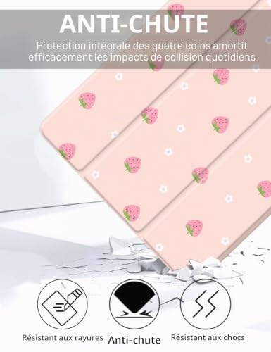 Detalle de Fycyko Étui pour iPad 11e Génération (11 pouces) et iPad 10e Génération 2022 – Coque antichoc avec porte-crayon et motif floral Fraise Rose