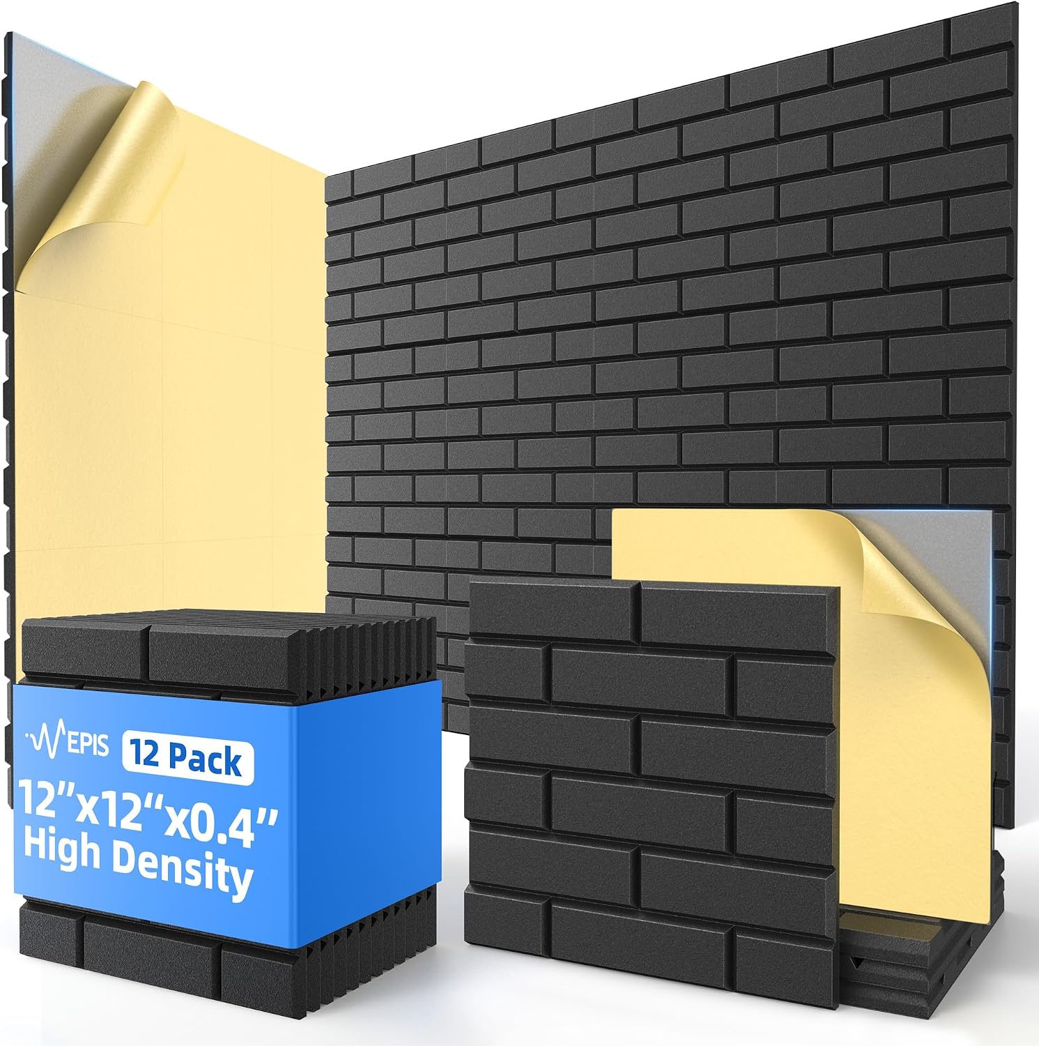 Detalle de NEPIS Brick-Black-12-1 Acoustic Panels, Self-Adhesive Polyester, 12-Pack
