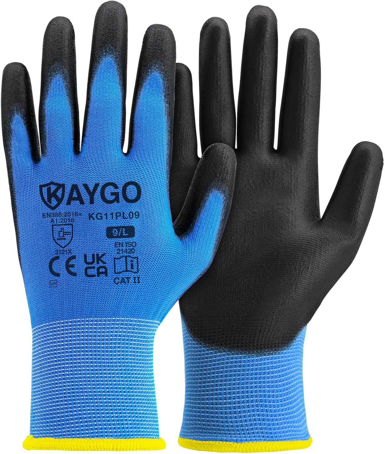 Detalle de KAYGO KG11PL PU Coated Work Gloves (12 Pairs) – Large, Blue