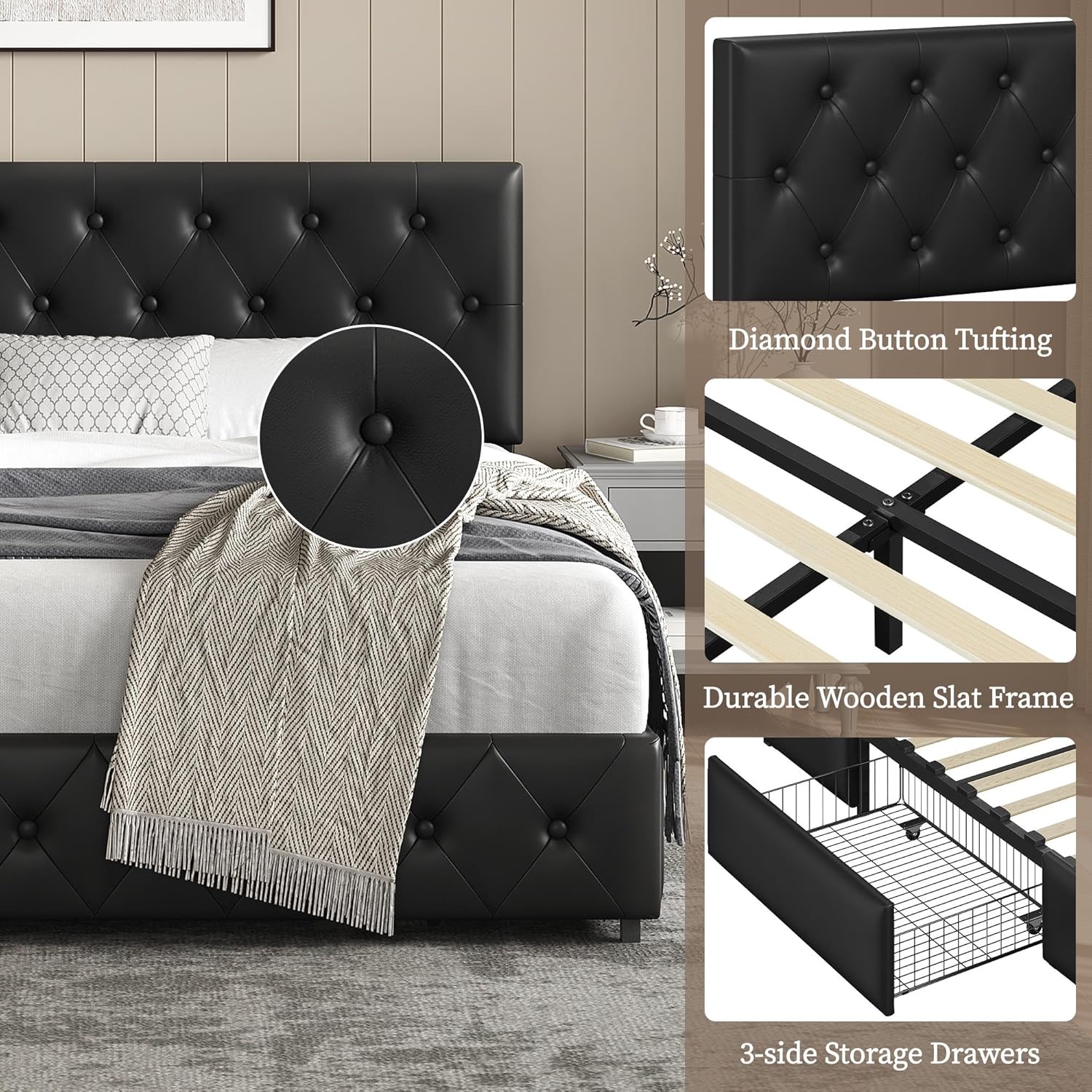 Thumbnail 6 de Yaheetech Queen Bed Frame with 3 Drawers and Adjustable Headboard, Black