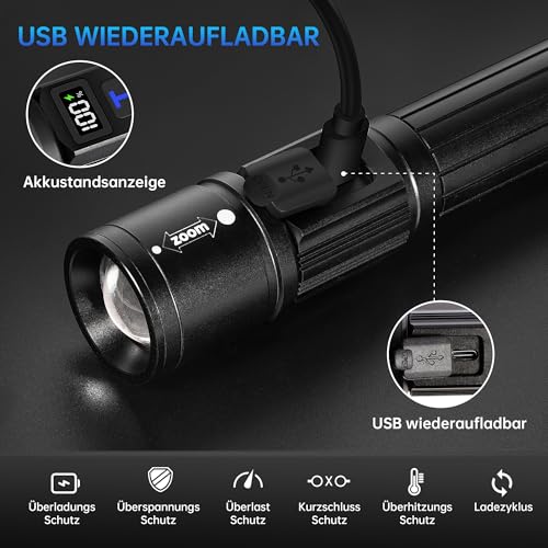 Detalle de Taschenlampe LED Aufladbar 2 Stück von TrixDock – USB-C, Zoom, LCD-Display, 5 Modi