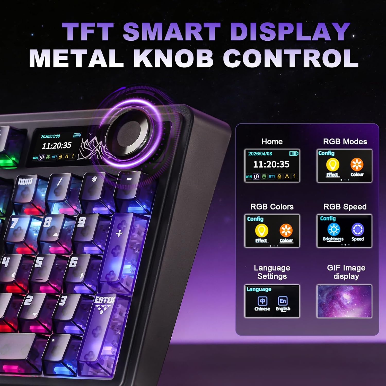 Detalle de MIKIBY AK980 Pro Wireless Mechanical Gaming Keyboard, Purple, TFT Display