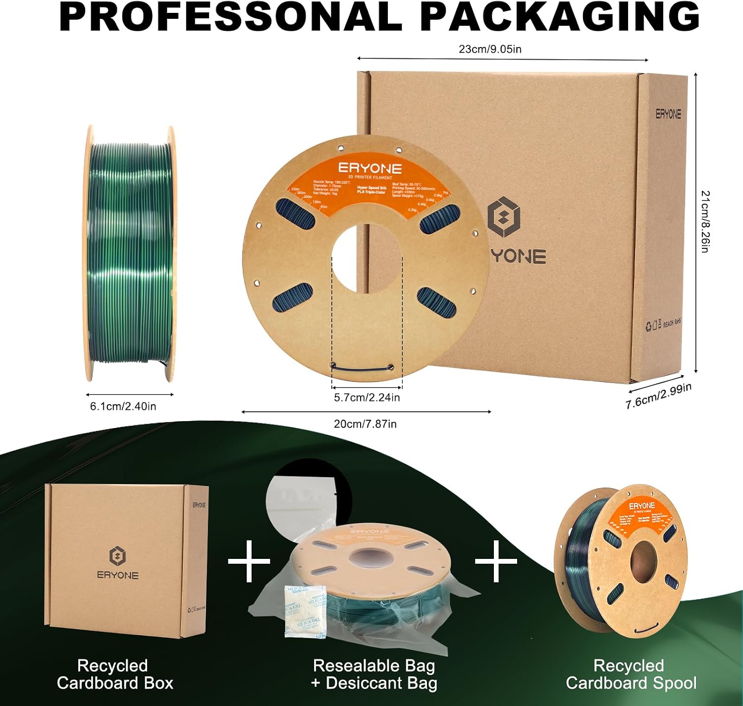 Detalle de ERYONE Silk Tri-Color Coextrusion PLA Filament 1,75 mm (dreifarbig) – dunkelgrün, mitternachtsblau, schwarz