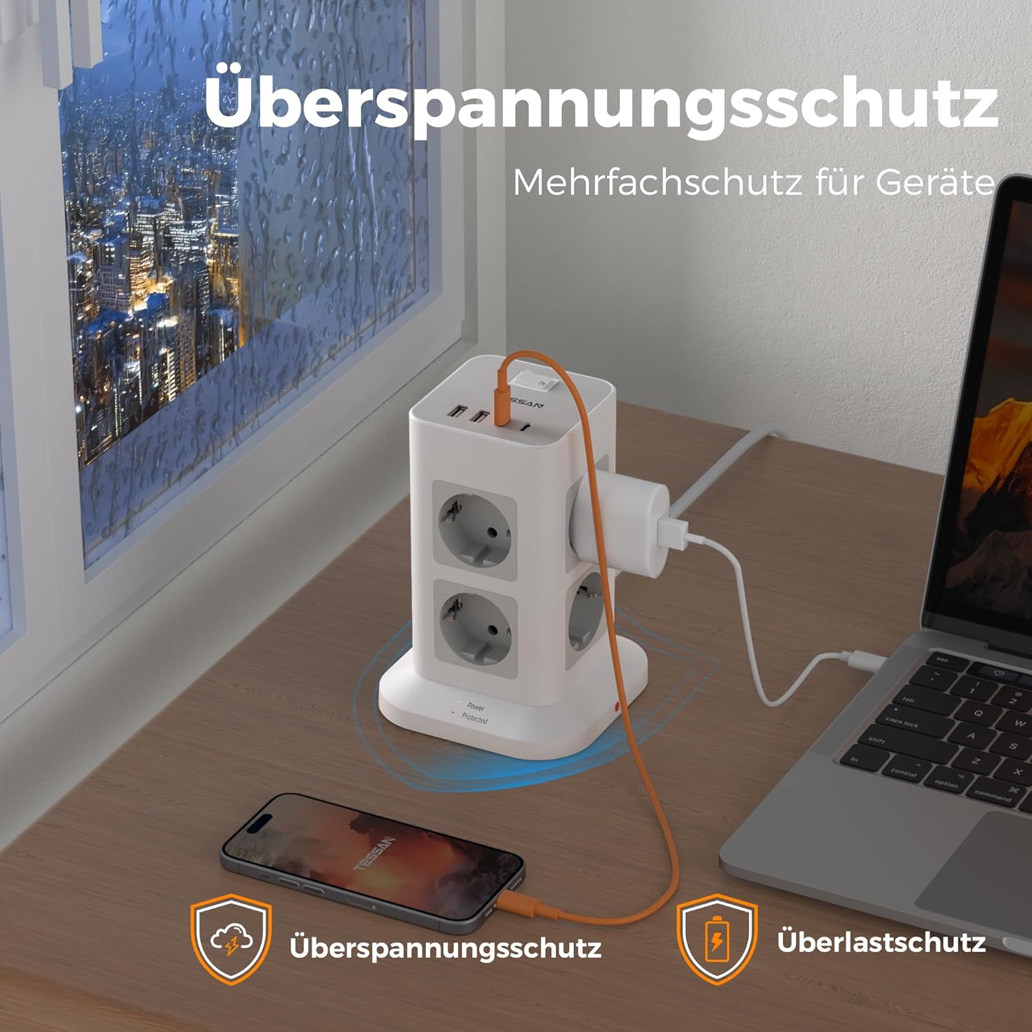 Thumbnail 3 de TESSAN 8-Fach Mehrfachsteckdose mit 2× USB-C und Überspannungsschutz – Steckdosenturm mit 2-m-Kabel und Schalter